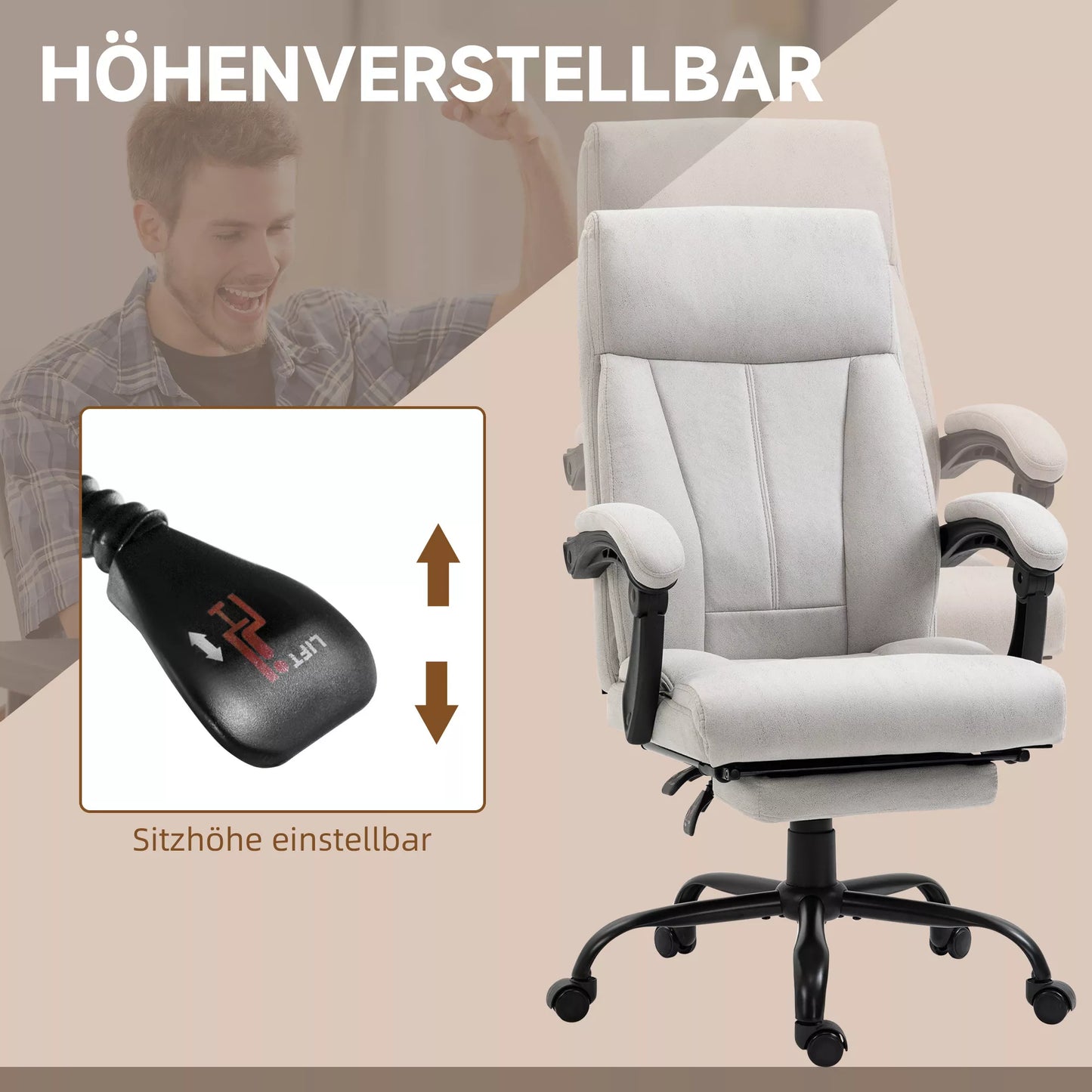 Masažinė biuro kėdė, kompiuterio kėdė, juosmens šildymas, svyravimo funkcija, šviesiai pilka