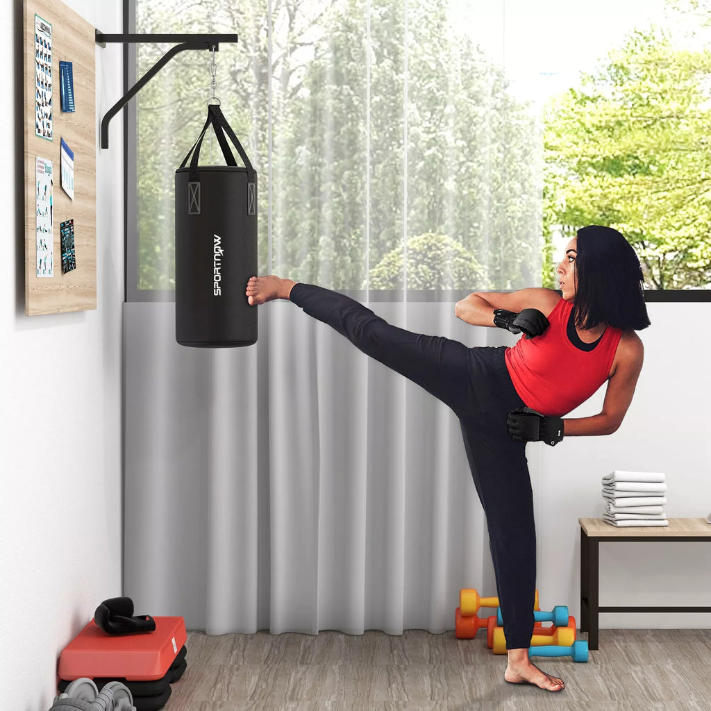 Bokso maišas, užpildomas, su sieniniu laikikliu, pirštinėmis ir tvarsciais, iki 45 kg, juodas