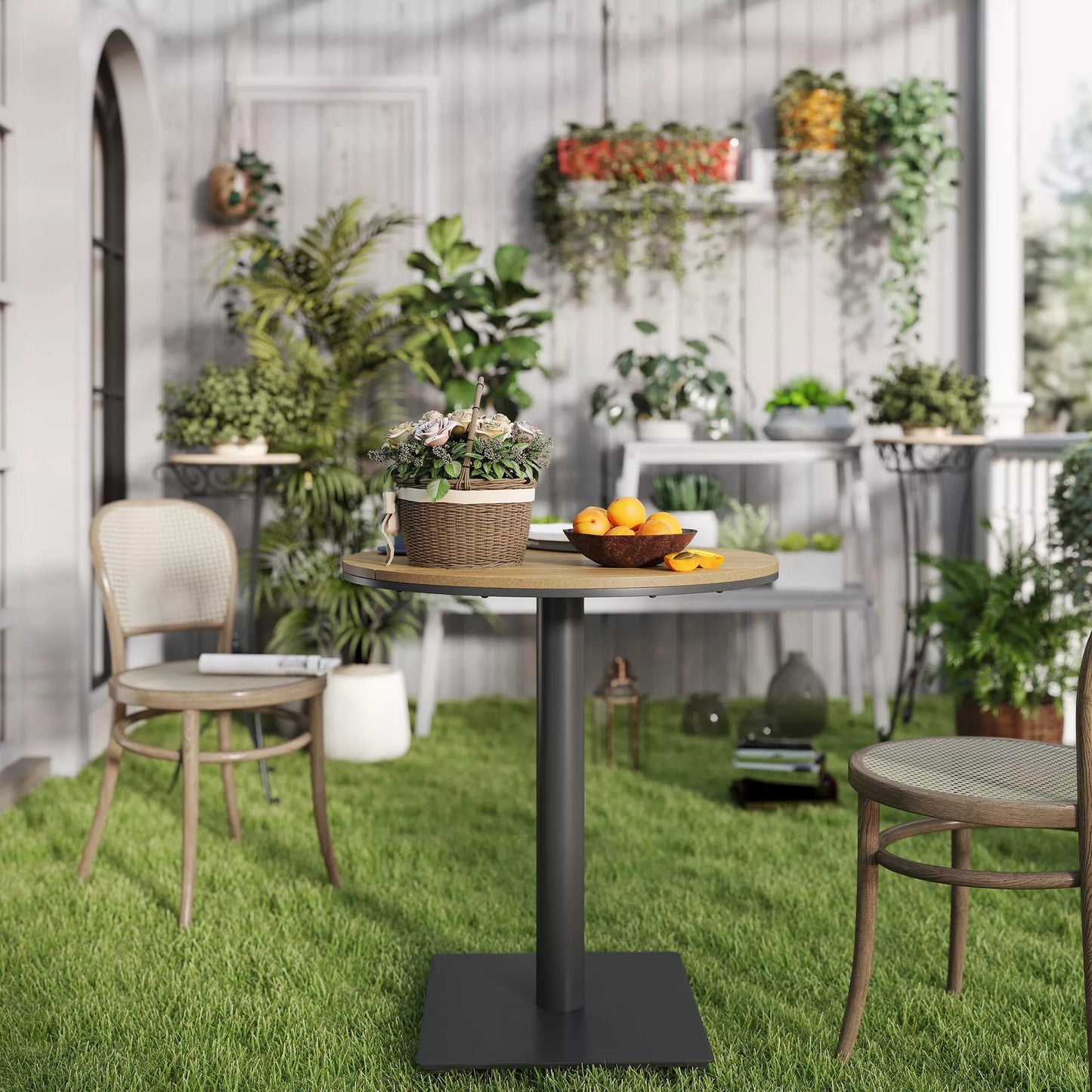 Sodo stalas Ø70 cm, atsparus atmosferos poveikiui Apvalus balkono stalas su lamelių dizainu, plienas Ø70 x 74H cm Natūralus medis