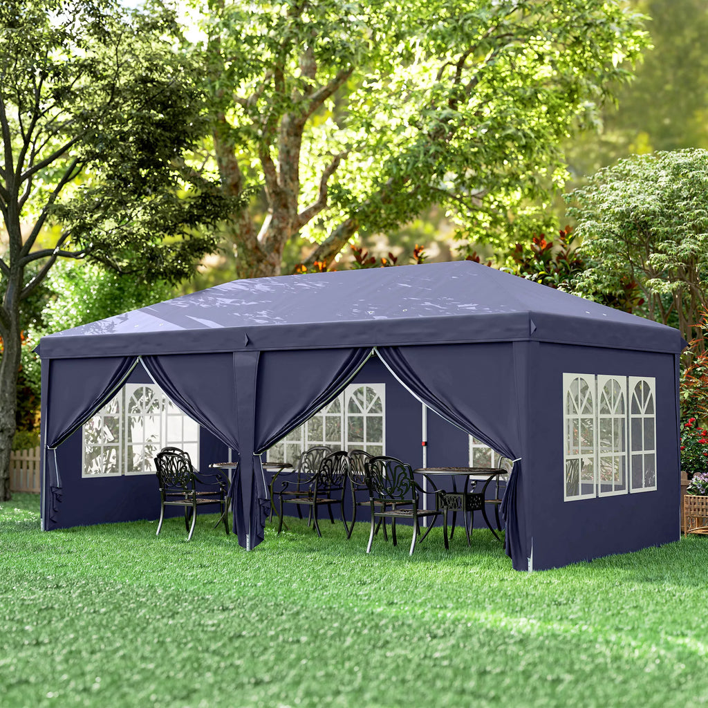 Sulankstomas paviljonas 6 x 3 m, nuimamos šoninės sienos, dideli langai, užtrauktukinės durys, plieninis rėmas, mėlynos spalvos