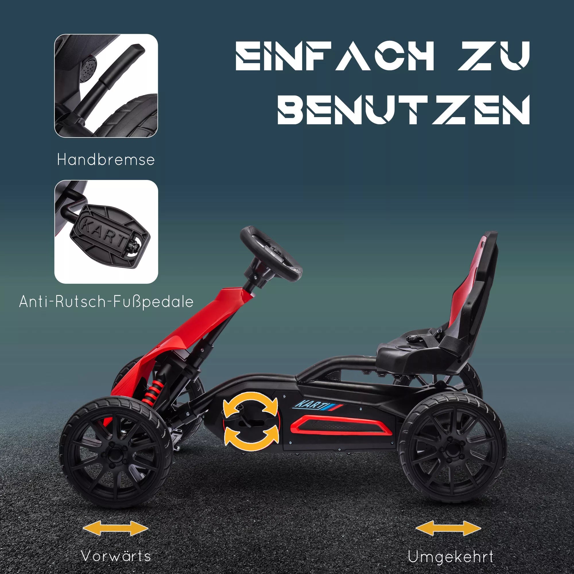 Pedalinis kartingas su atbuline pavara, vaikams nuo 3 iki 8 metų, raudonos spalvos