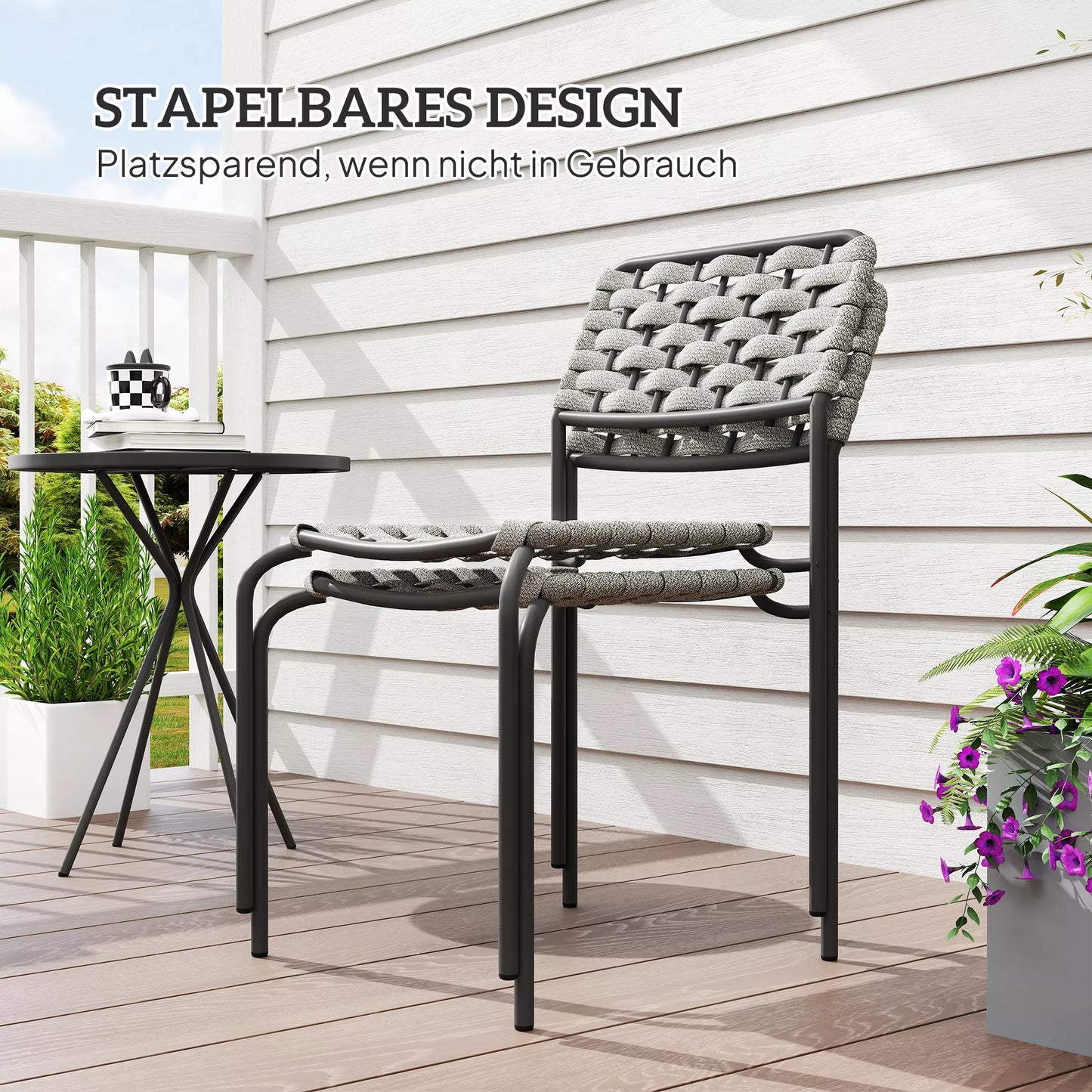 Poliratano lauko baldų komplektas, 2 asmenims, 3 dalys: 2 kėdės, staliukas, pilkos spalvos