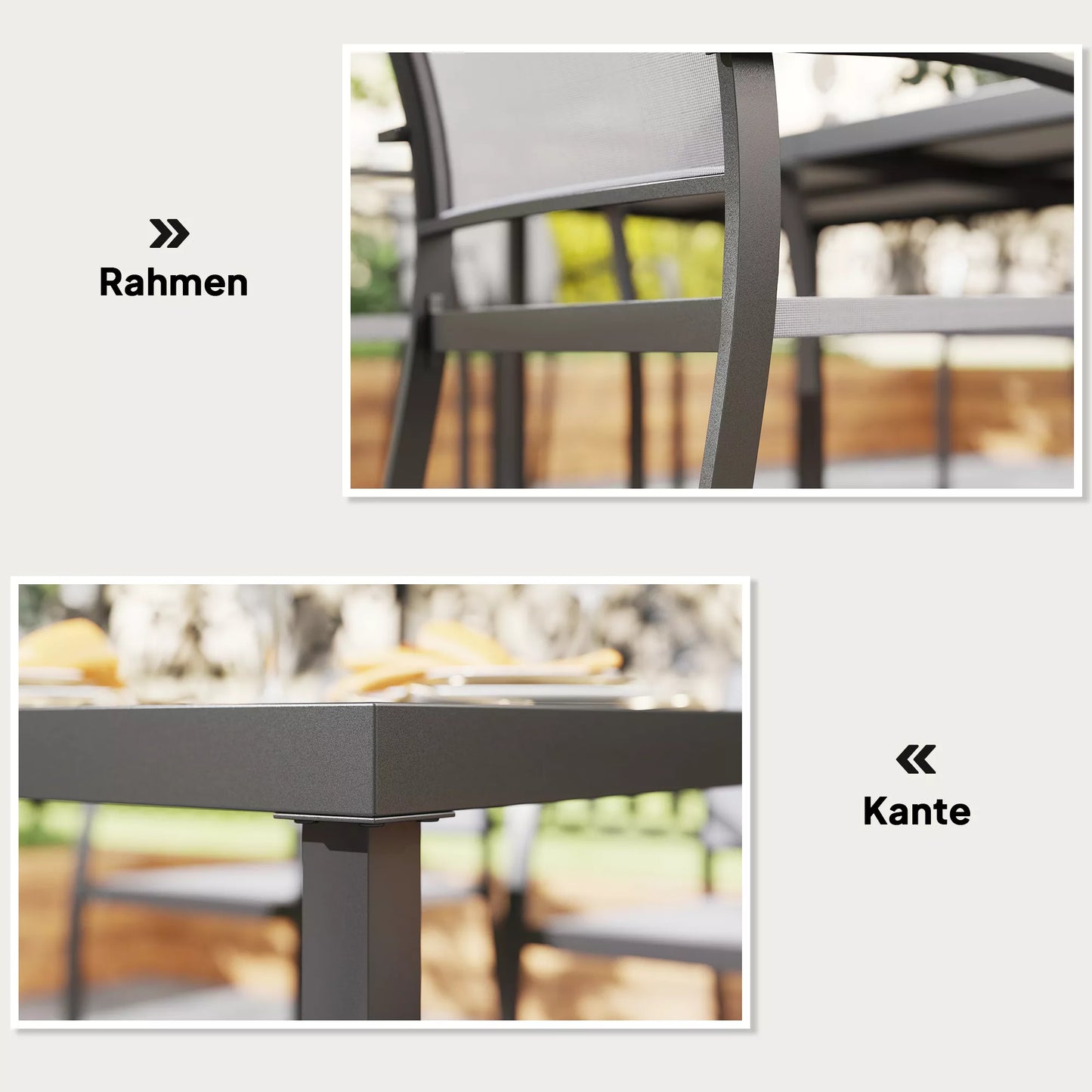 7 dalių valgomojo komplektas: 6 kėdės, 1 stalas, sudedamas, lengvai valomas, plieno rėmas, lauko baldų komplektas, pilkas