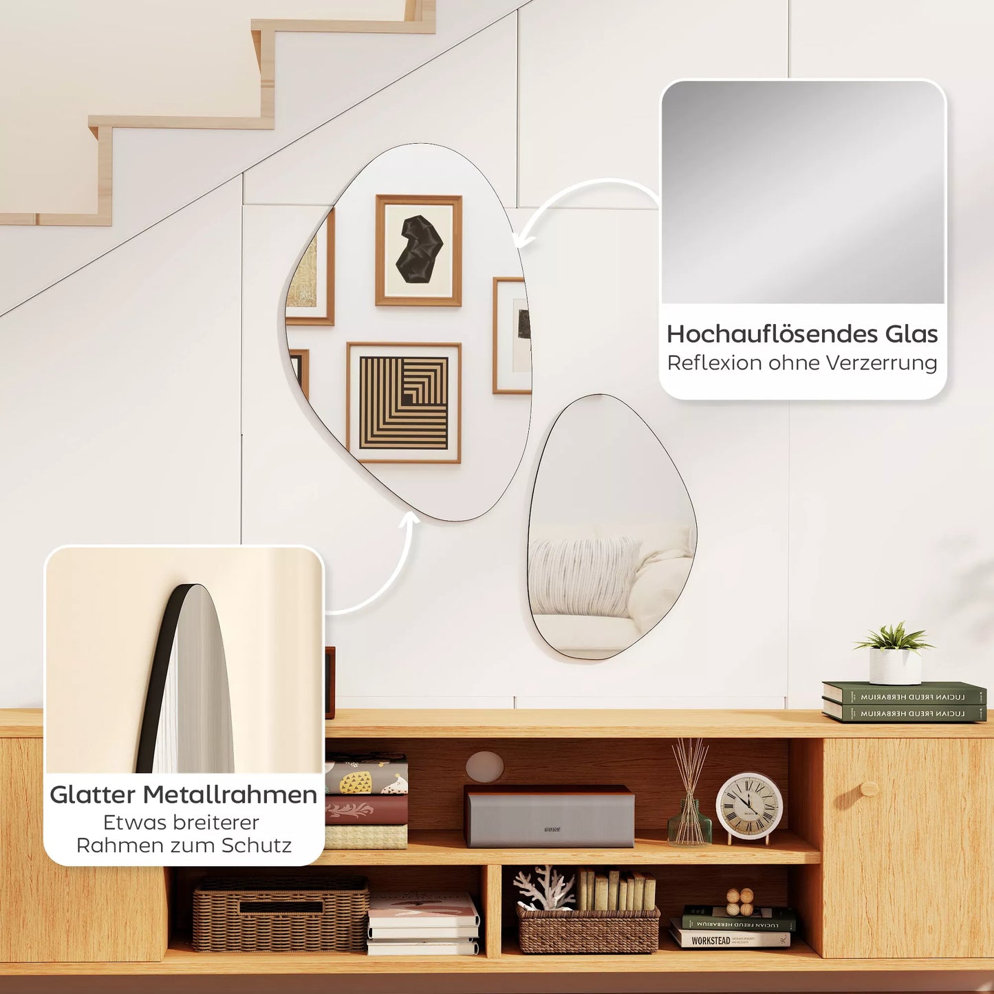 Sieninis veidrodis, 2 vnt. rinkinys, 70 x 46 cm, 49,5 x 31 cm Lango veidrodis su metaliniu rėmu Pakabinamas veidrodis, akmens formos, juodas