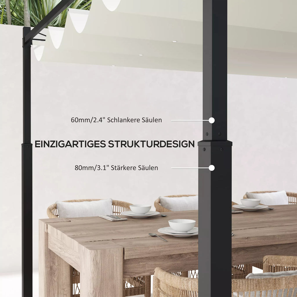 Sodo pergola, 3 x 3 m, ištraukiamas stogas ir magnetinis padas, lauko baldakimas, sodo pavėsinė, UPF30+, metalas, kreminė balta spalva