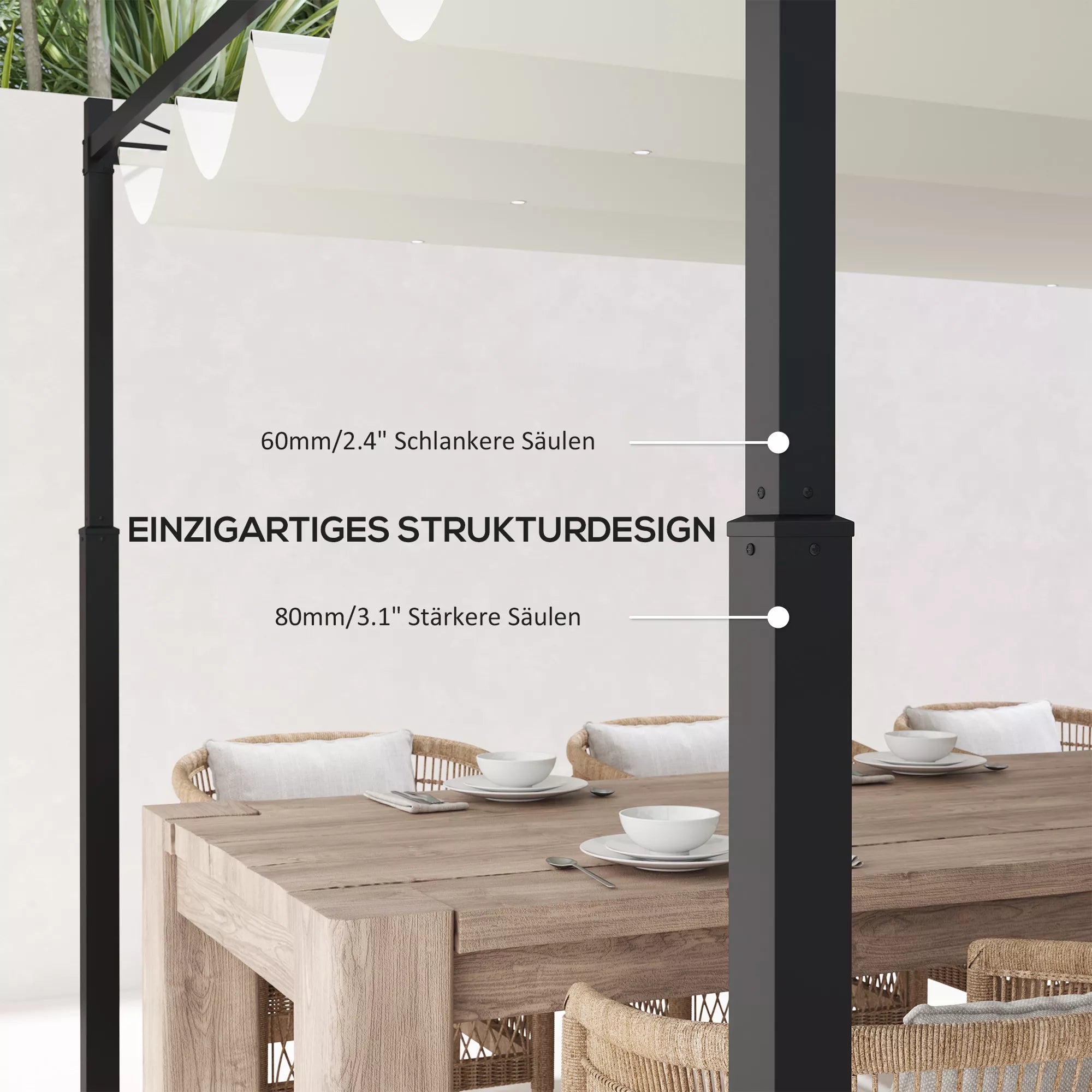 Sodo pergola, 3 x 3 m, ištraukiamas stogas ir magnetinis padas, lauko baldakimas, sodo pavėsinė, UPF30+, metalas, kreminė balta spalva