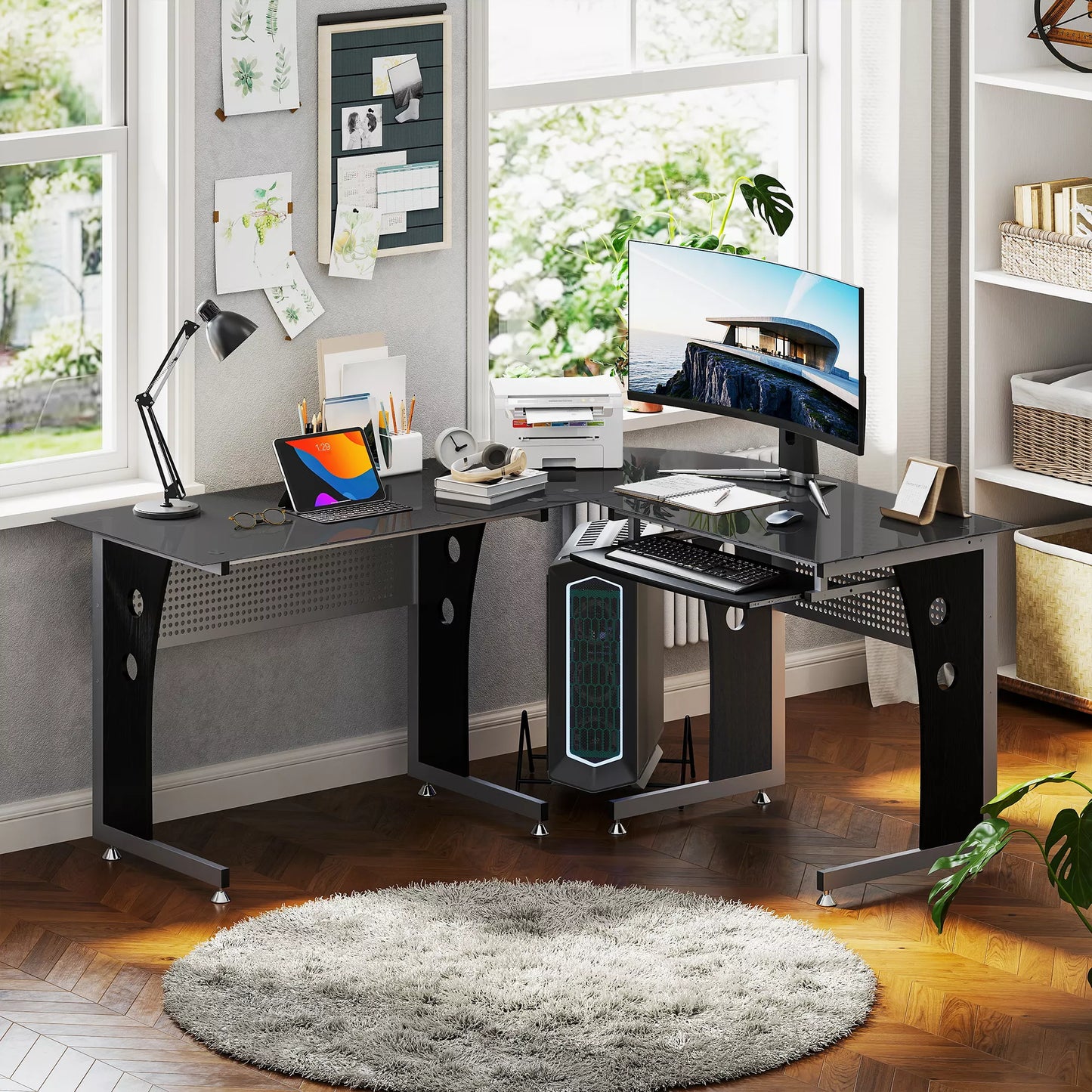 Kompiuterio stalas, kampinis rašomasis stalas, biuro stalas su juodu grūdintu stiklu, L formos, 164x139x75 cm