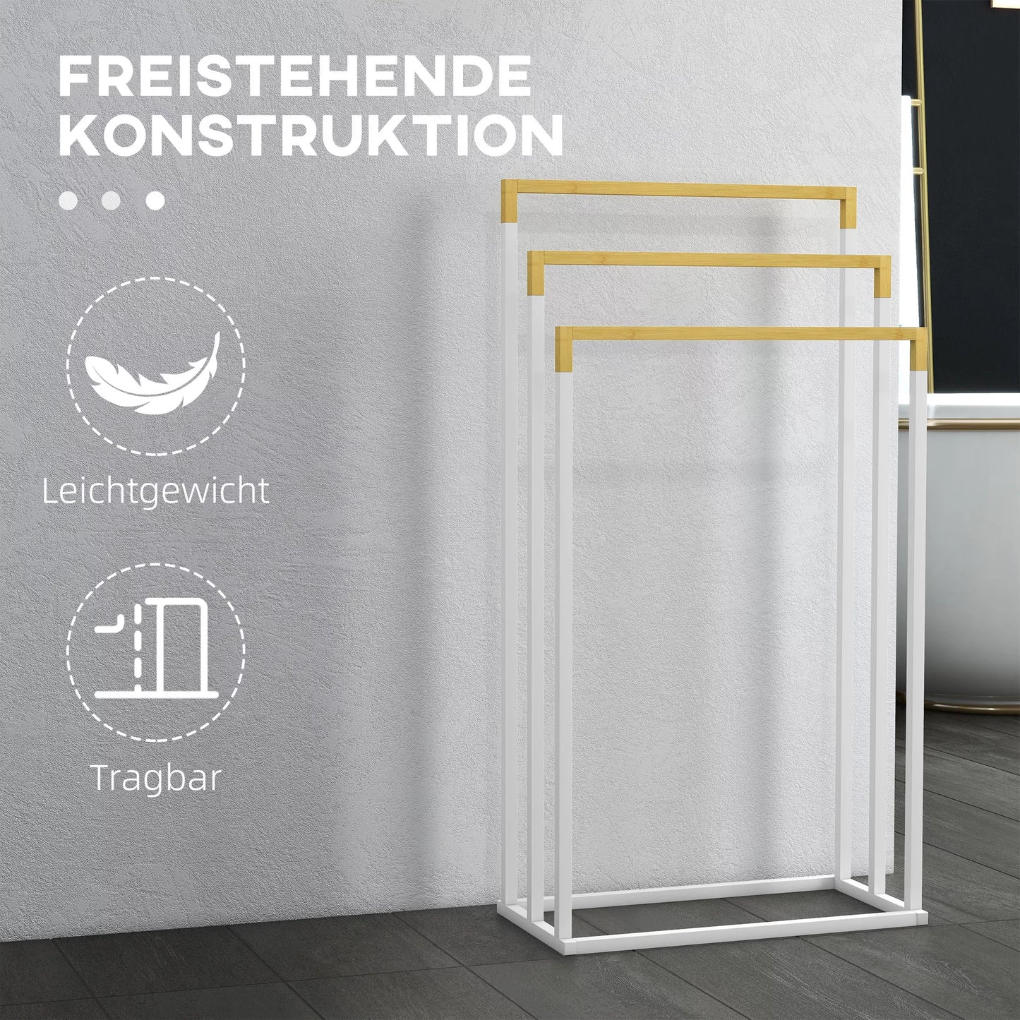 Rankšluosčių laikiklių rinkinys, 3 rankšluosčių strypai, pramoninio dizaino, bambukas, 45 x 22,5 x 86 cm, balta + natūrali