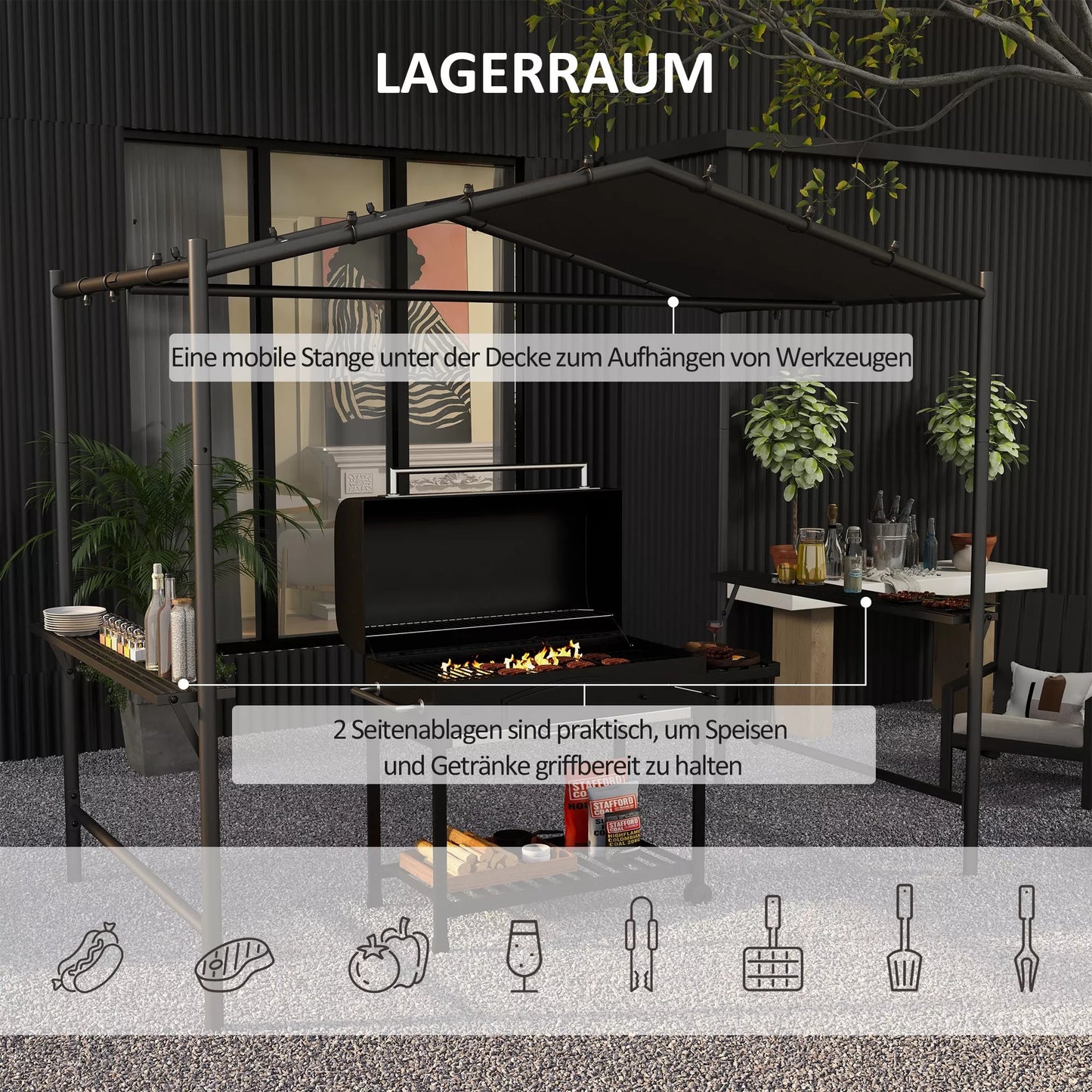 Grilio palapinė, grilio stogas, atsparus oro sąlygoms, su šoninėmis kišenėmis, 277 x 149 x 230 cm, tamsiai pilka