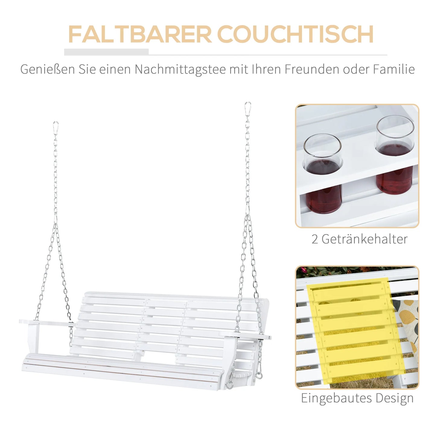 Pakabinama suoliukas su atlenkiamu stalu ir puodelių laikikliais, natūralaus medžio, 150 x 75 x 53 cm