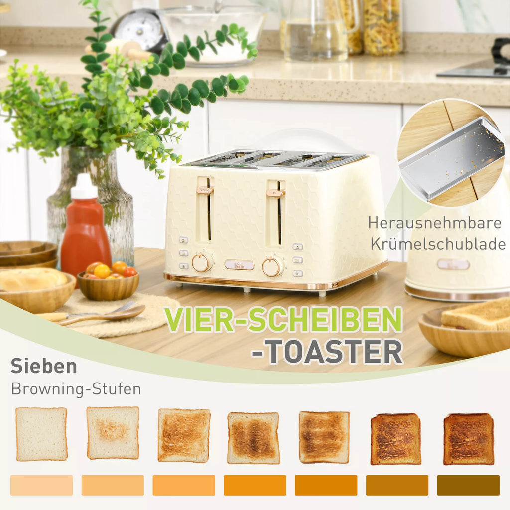 2-in-1 virtuvės rinkinys, skrudintuvas ir virdulys, kelios galimybės, 1,7 l, 4 skrudintos duonos riekelės vienu metu, plastikas, smėlio spalvos
