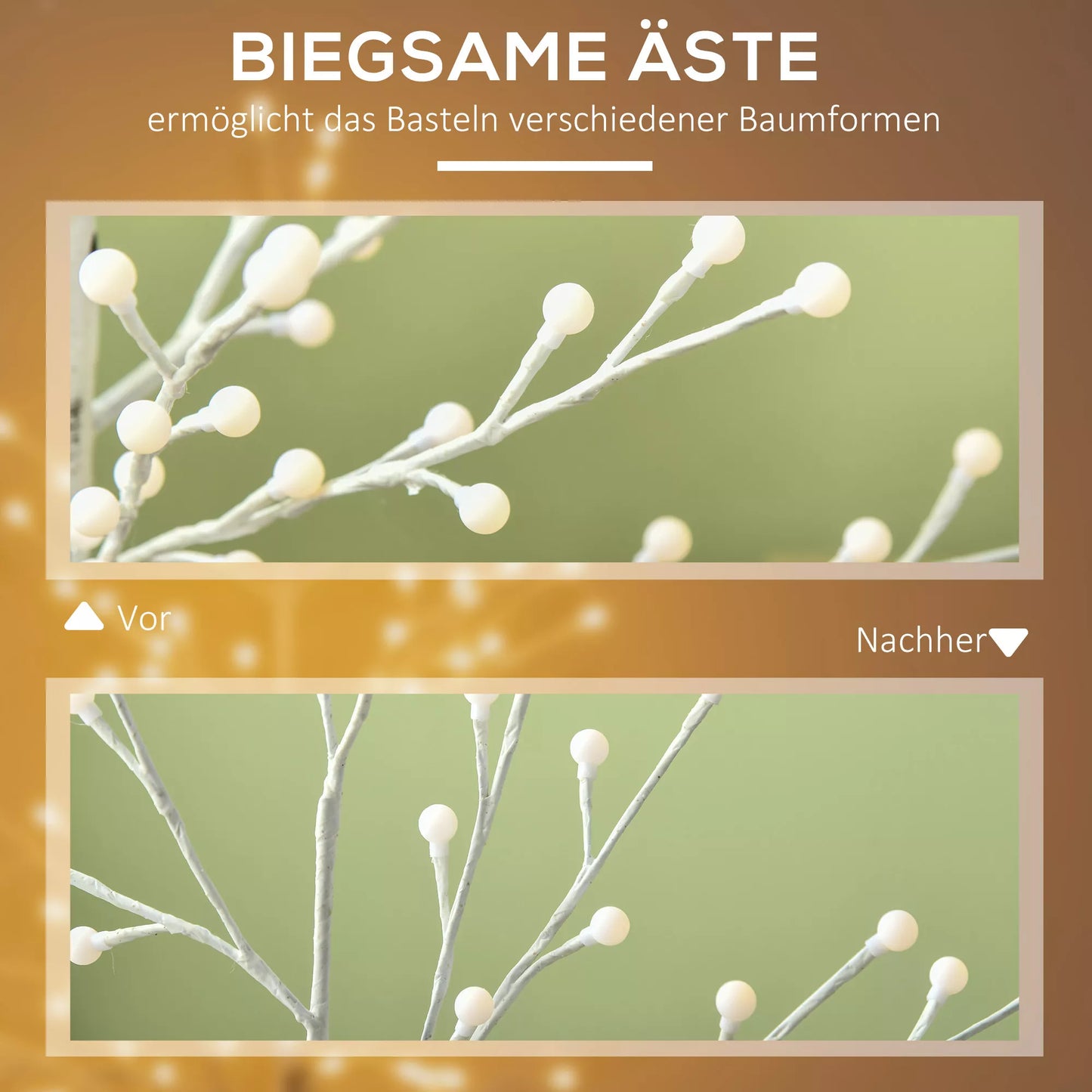 Dirbtinė beržo medelė su 120 LED lempučių, 3 šviesumo pakopomis, sulankstomomis šakomis, IP44, 150 cm, Balta