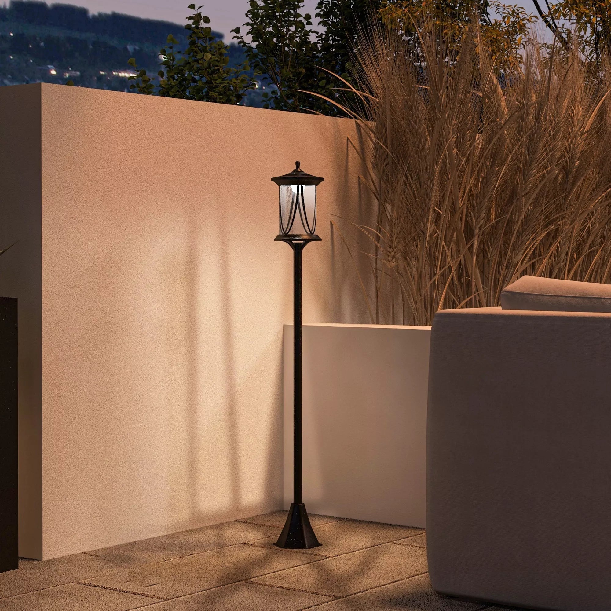 Saulės energija maitinamas lauko šviestuvas, LED, automatinis veikimas, atsparus atmosferos poveikiui, 6 val. šviesos trukmė, 17B x 17T x 127Hcm, juodas