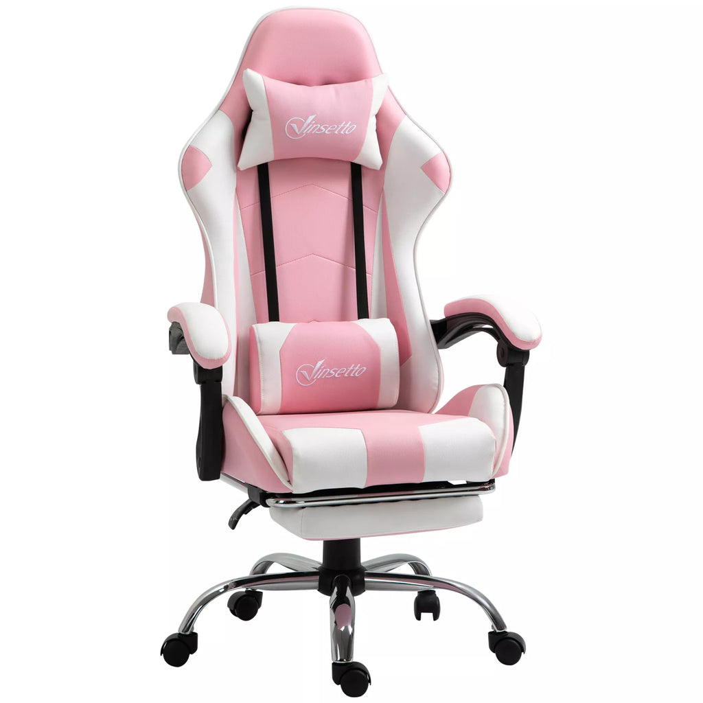 Žaidimų kėdė Kompiuterio kėdė Ergonomiška biuro kėdė Žaidėjų kėdė su galvos atrama Juosmens pagalvė Biuro kėdė, reguliuojamo aukščio, pasukama 360° Putų plastikas Dirbtinė oda PVC Rožinė + balta 64 x 67 x 119–127 cm