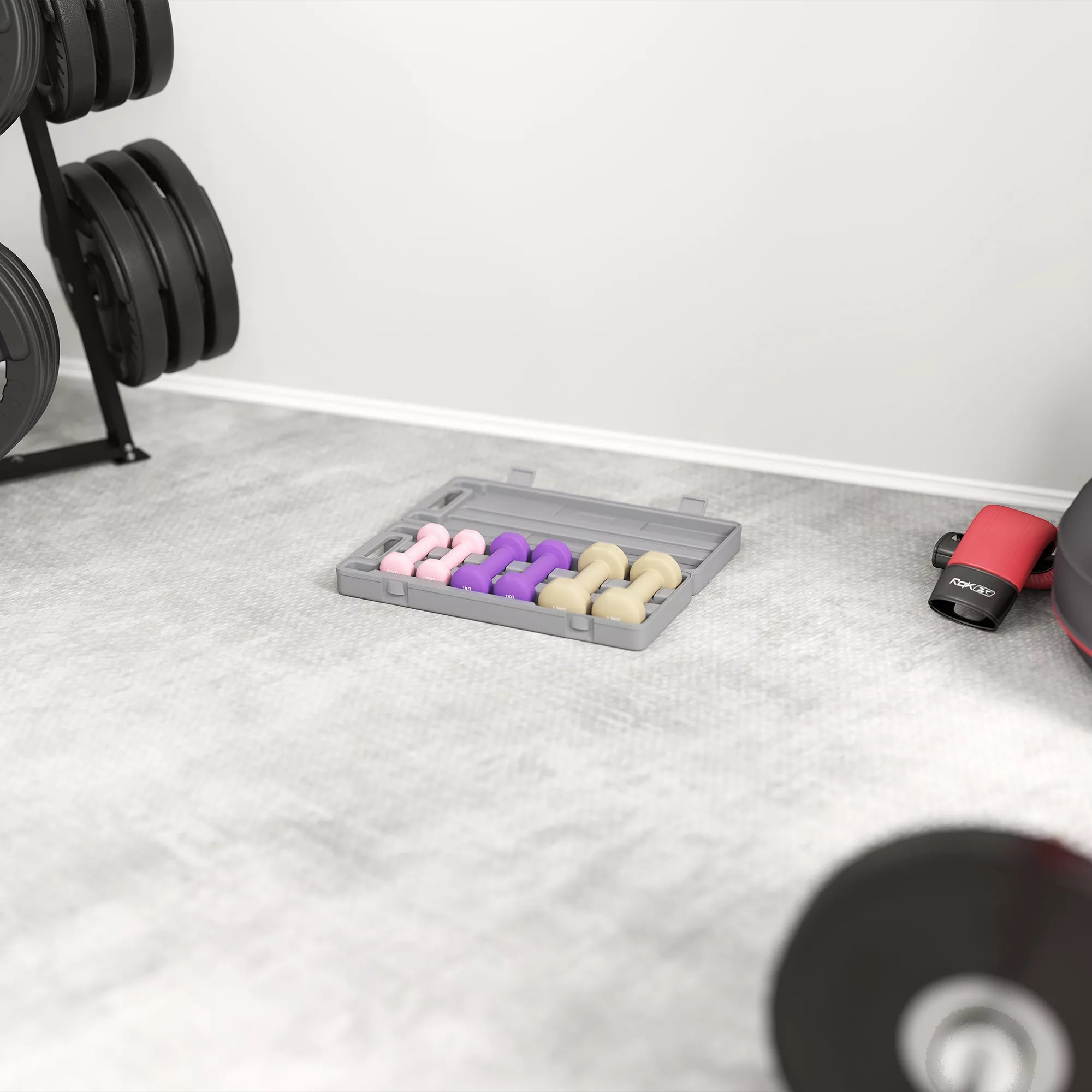 Hantelių rinkinys 6 vnt. su dėklu, 0,5–1,5 kg, rožinė/violetinė/ruda