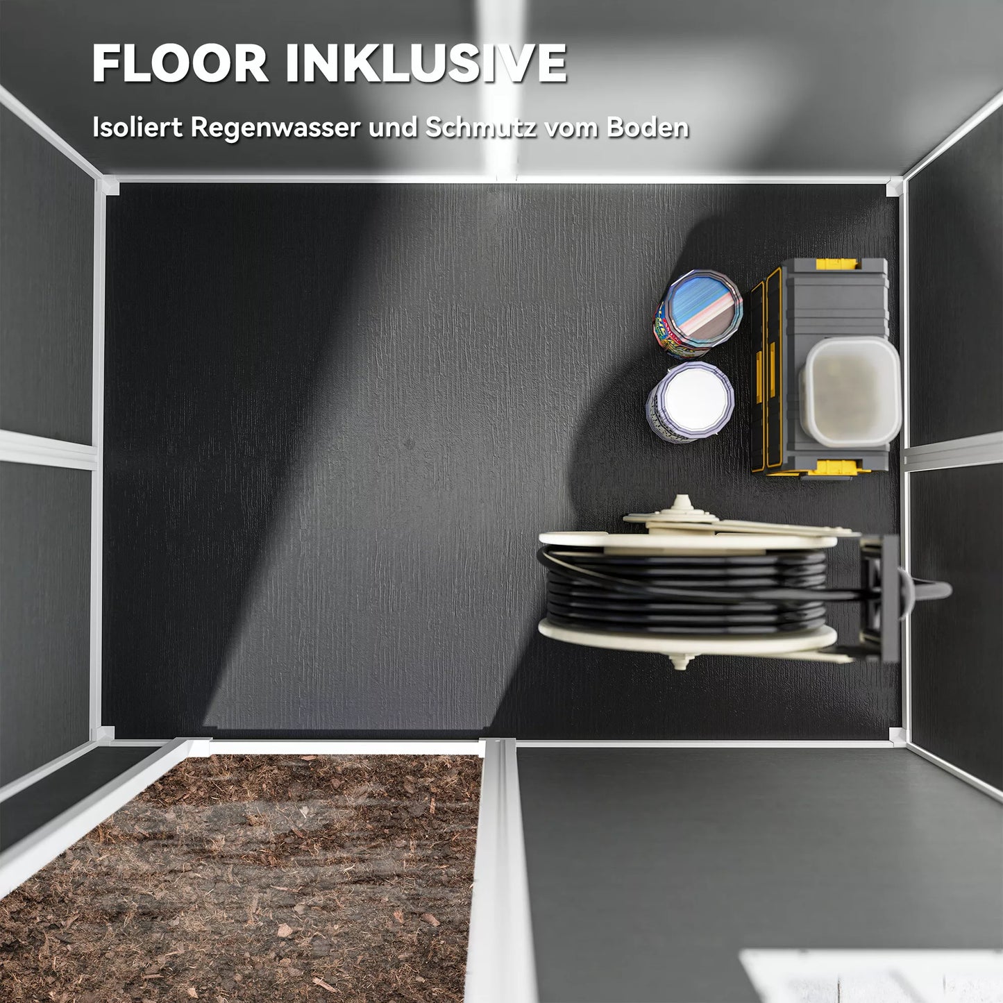 Sodo namelis su grindimis, langais, užrakinamomis durimis, iš plastiko dervos, atsparus oro sąlygoms, pilkos spalvos