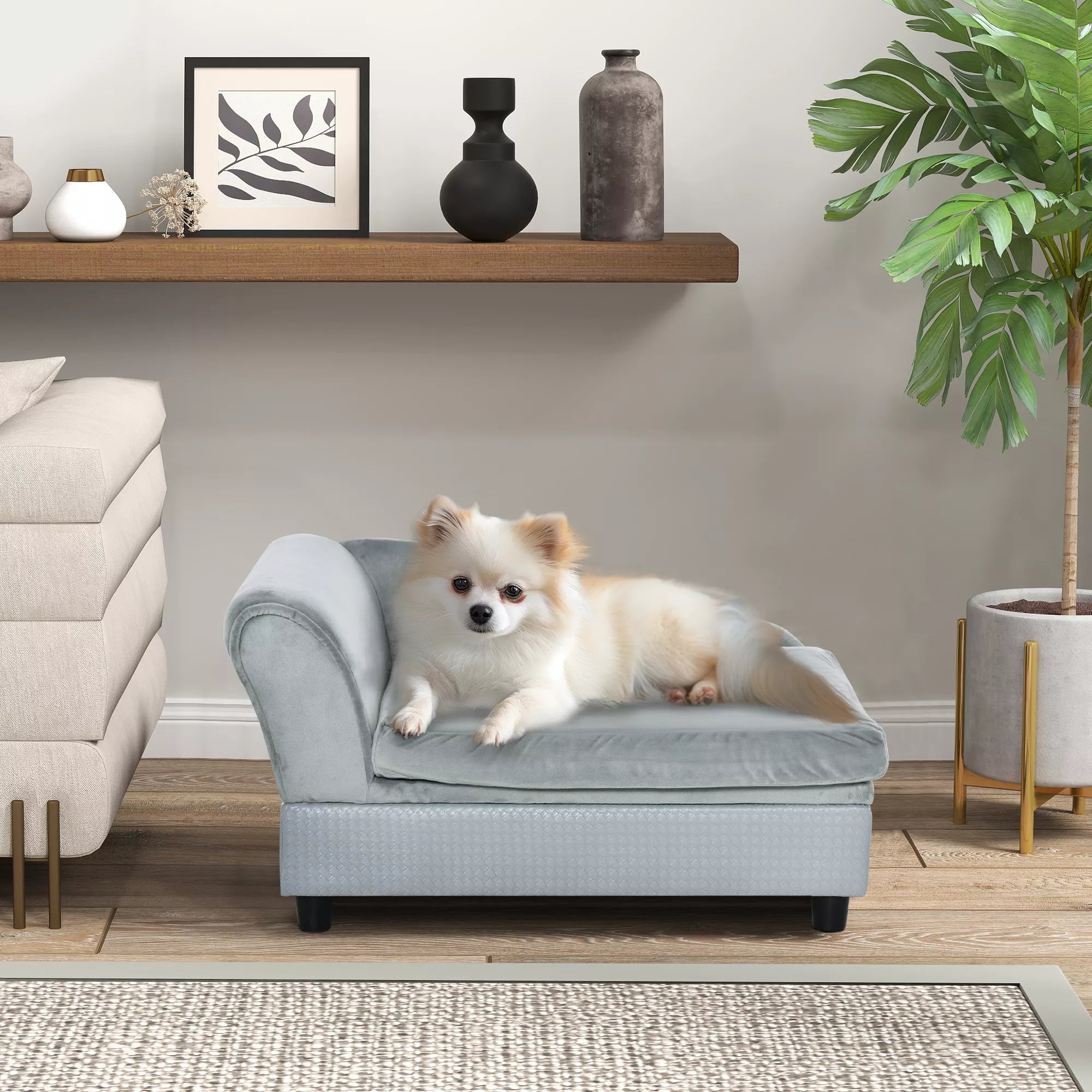 Naminių gyvūnų sofa su daiktų laikymo vieta, minkšta pagalvė, iki 15 kg apkrova, pliušinis apmušalas, kietmedžio rėmas, šviesiai pilka spalva