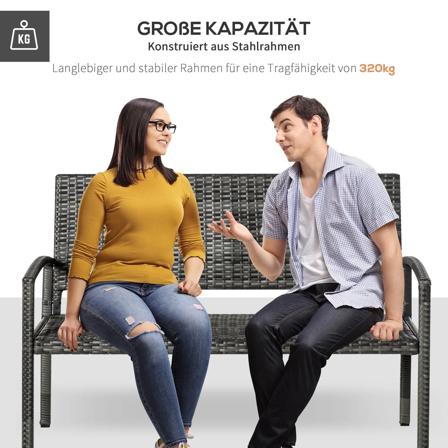 Sodo suolas, ratano išvaizdos, su plieniniu rėmu, 2 žmonėms, rudas, 122 x 60 x 87 cm