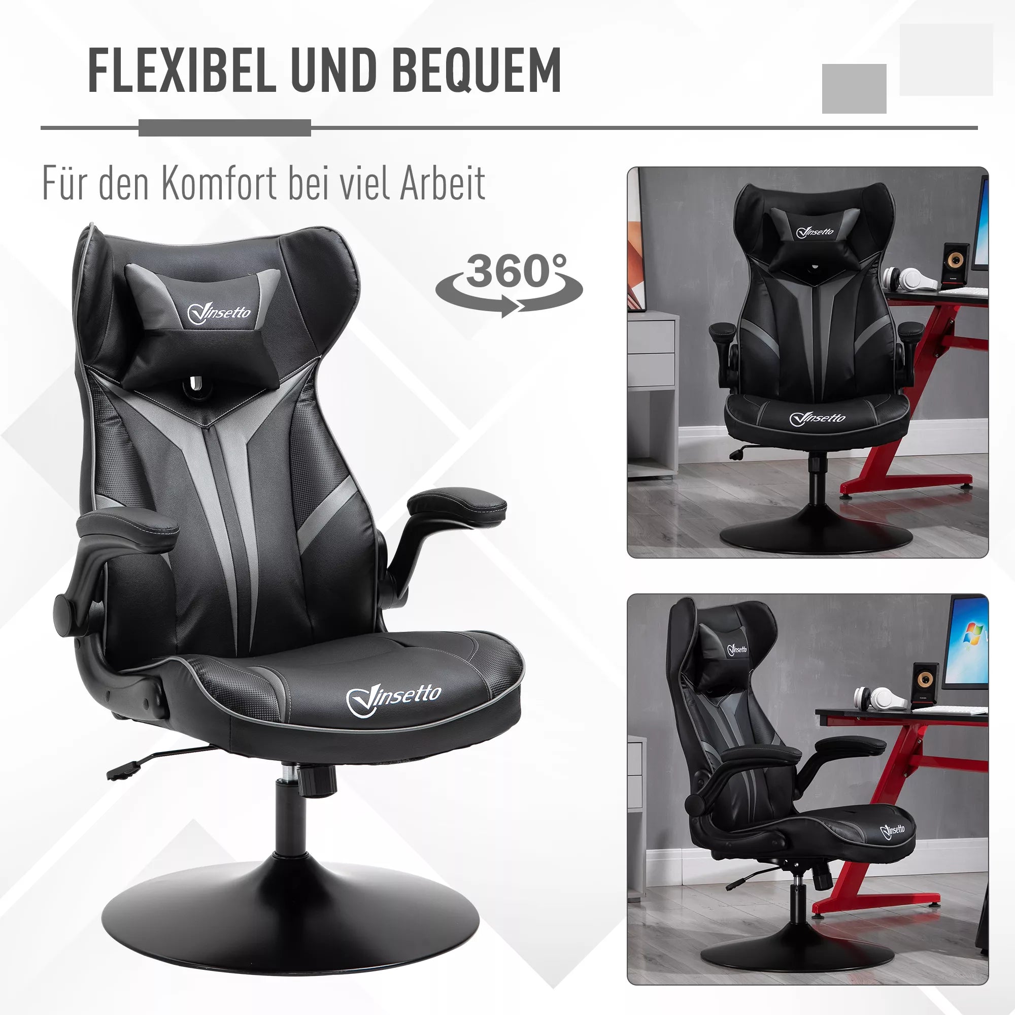 Ergonomiška žaidimų kėdė su galvos atrama ir aukščio reguliavimu, juoda+pilka