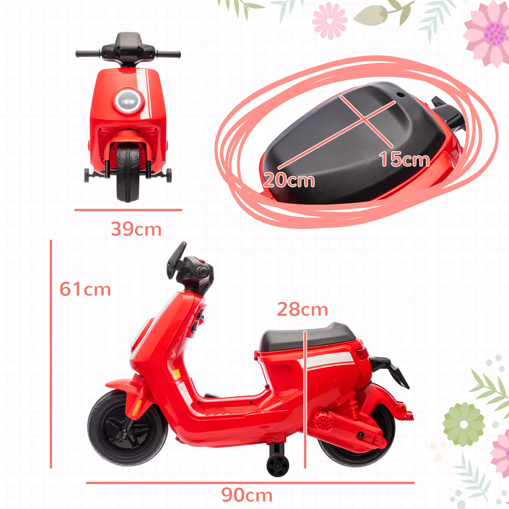 6 V elektrinis motociklas vaikams, su žibintu ir muzika, priekinė ir atbulinė eiga, pagalbiniai ratai, 18–36 mėnesių, raudonas
