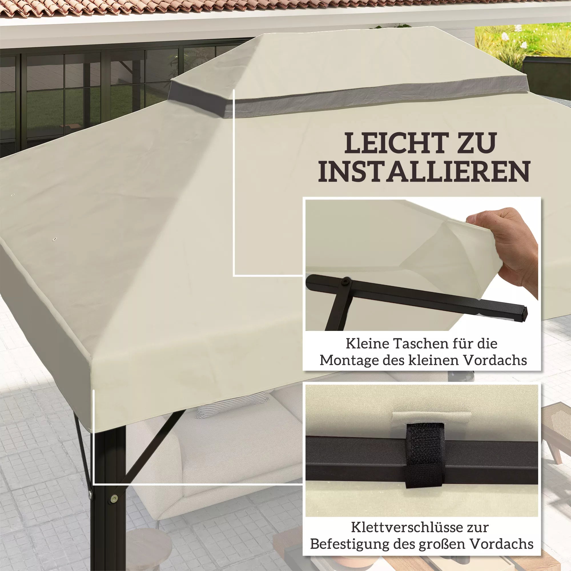 Paviljono atsarginis stogas, 3 x 4 m, atsarginis tentas su vandens nutekėjimo angomis, poliesteris, apsauga nuo saulės, UPF30+, kreminė balta spalva