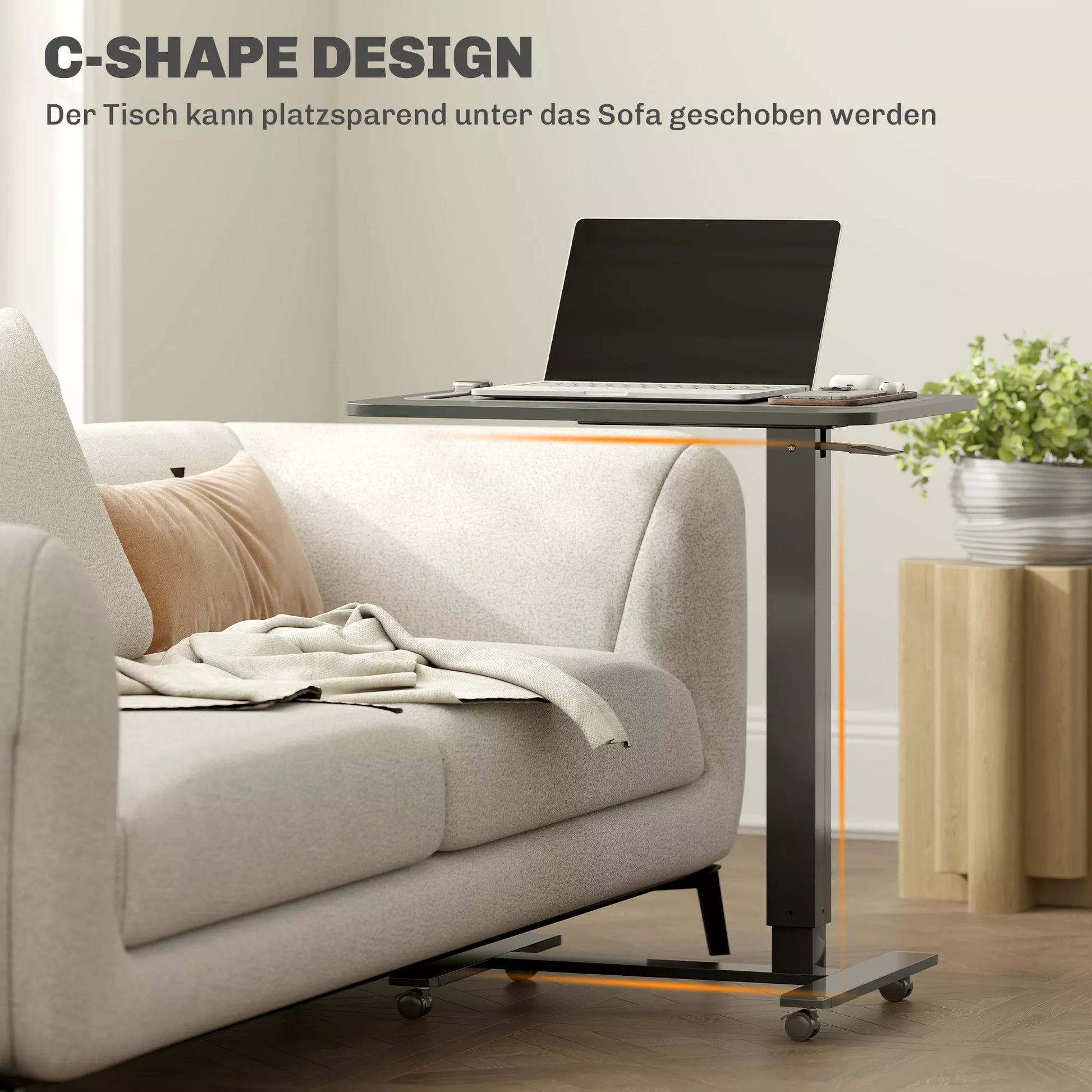 Reguliuojamo aukščio stovimas stalas su 4 ratukais C formos 65 cm x 48 cm x 70–110 cm  Juodas