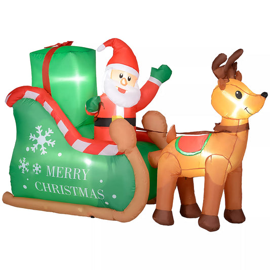 Kalėdų senelis su rogėmis ir elniu, pripučiamas, baltas LED apšvietimas, 210 x 80 x 140 cm