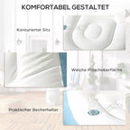 Krėslo informacinė grafika apie kontūruotą sėdynę ir puodelio laikiklį