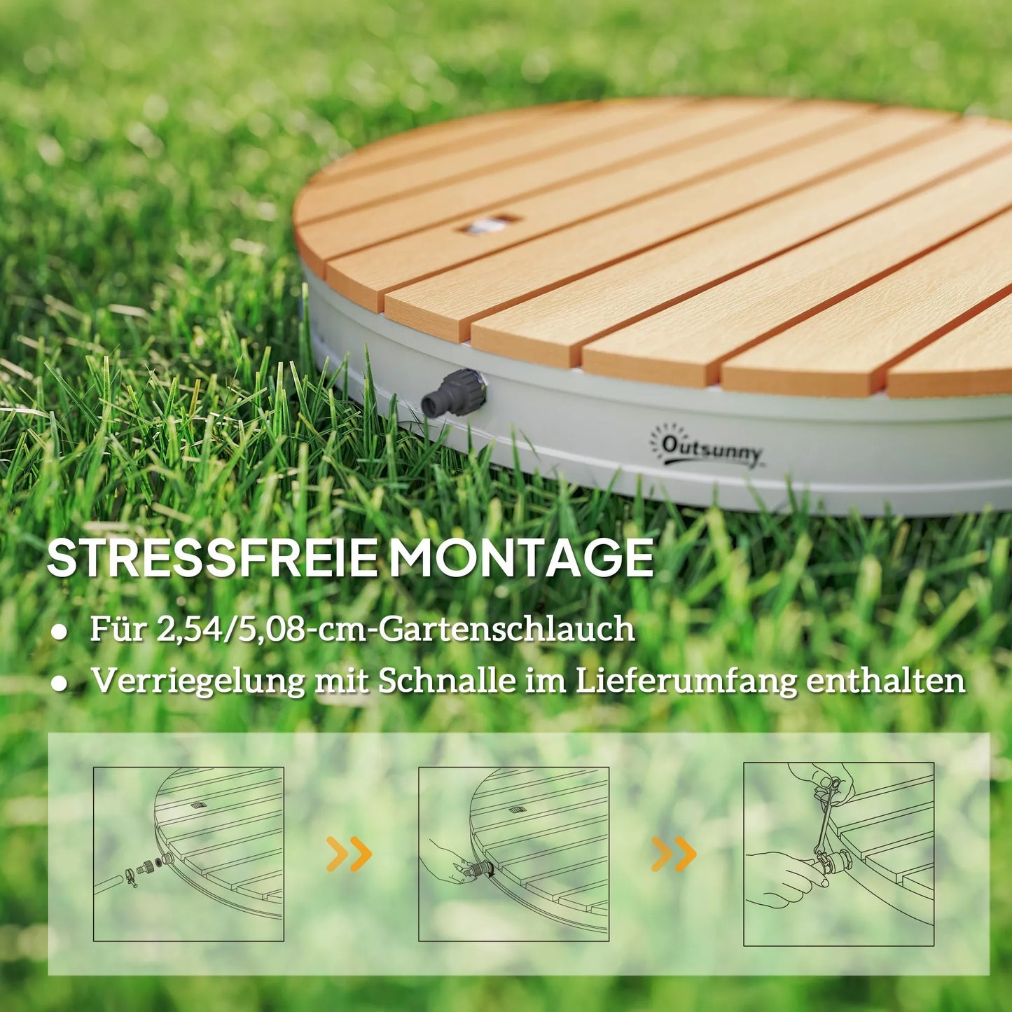 Nešiojamas lauko dušo komplektas su reguliuojamu fontanu, aliuminio pagrindas, atsparus UV spinduliams ir šalčiui, natūralaus medžio išvaizda