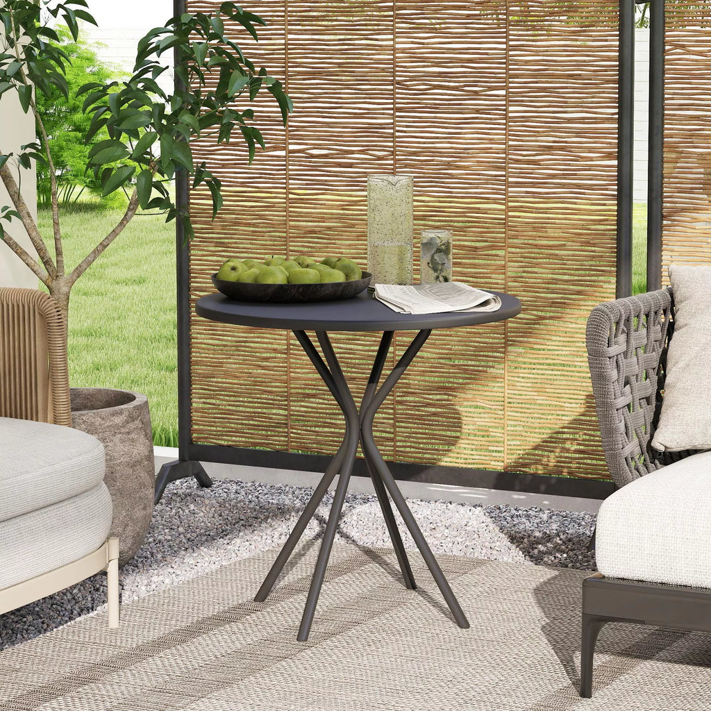 Sodo stalas Ø60 x 70 cm, atsparus atmosferos poveikiui, balkono stalas iš plieno, apvalus valgomojo stalas su kojų pagalvėlėmis, juodos spalvos