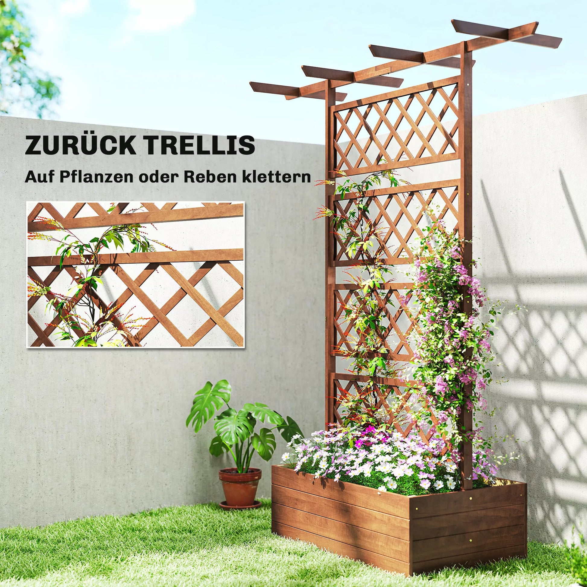 Medinė pakelta lysvė su stogeliu ir sienele vijokliams, kaimiško stiliaus, ruda