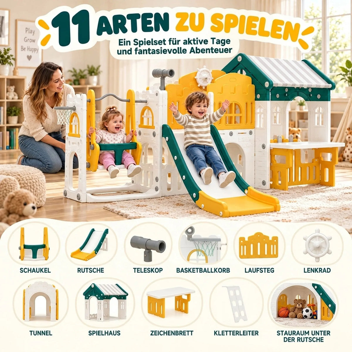 Infografika vaizduoja 11 žaidimo elementų: sūpynes, čiuožyklą, tunelį ir kt.