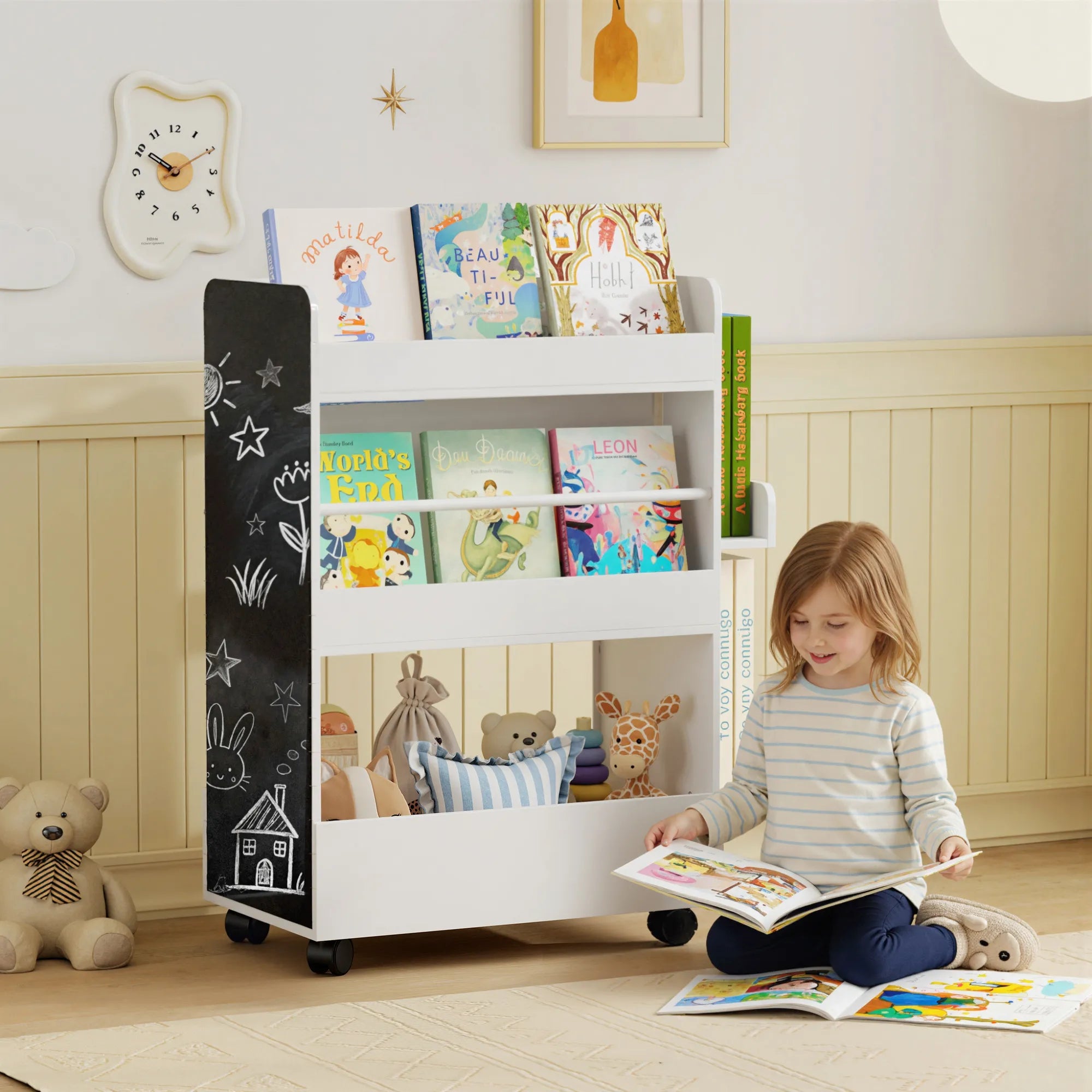 Vaikiška knygų lentyna su ratukais ir lenta, 66,5x32,5x86,5 cm, balta