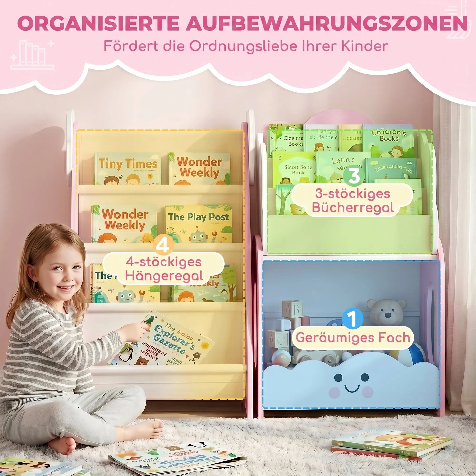 Vaikiška lentyna 3-in-1 su žaislų dėže, 3–8 metų vaikams, rožinė