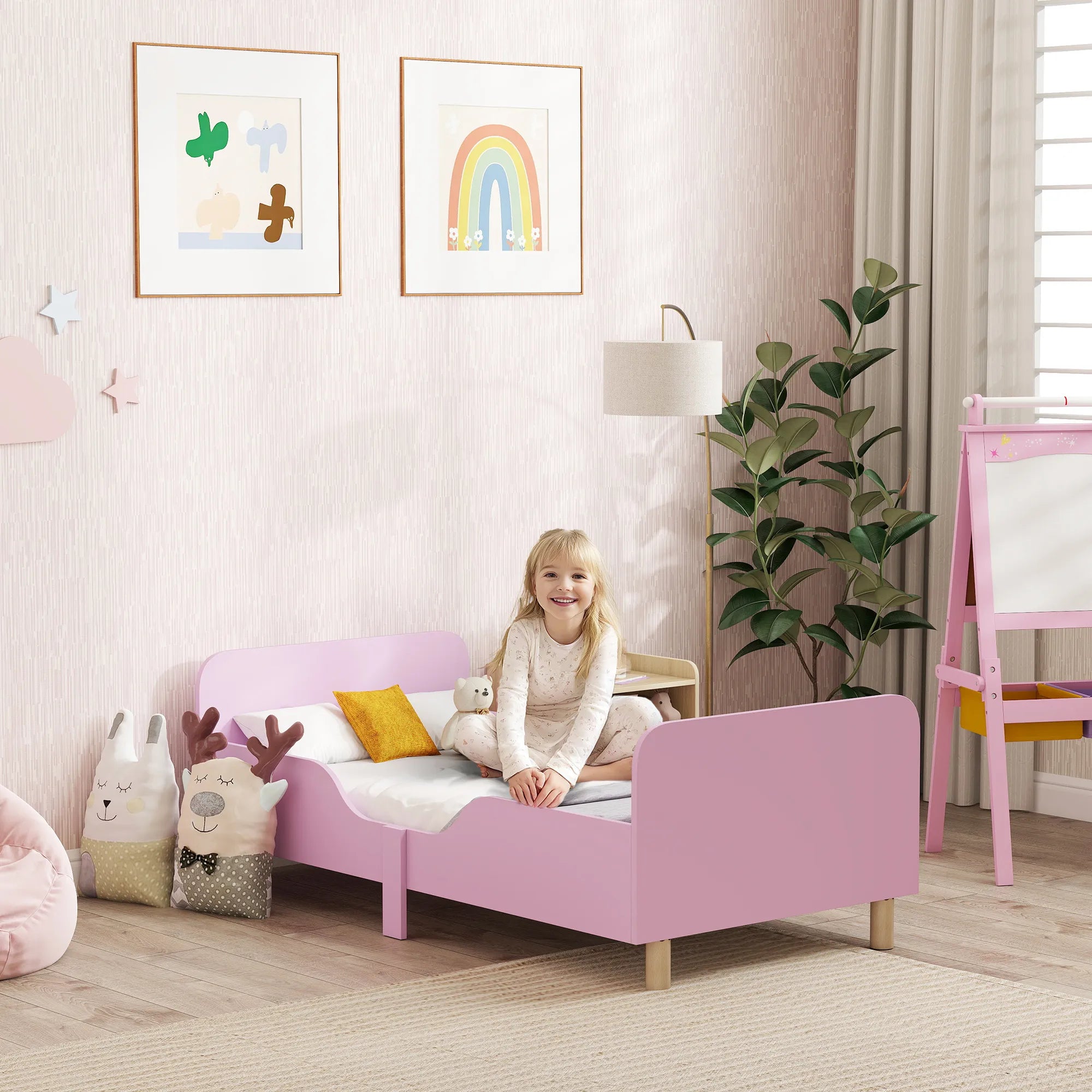 Vaikiška lova su apsauginiu turėklu 140x70 cm, 3–8 metų vaikams, rožinė