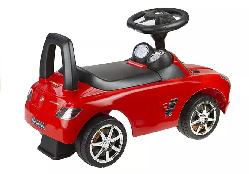 Vaikiška  paspiriama  mašinėlė Mercedes SLS AMG su atlošu ir daiktadėže, raudona