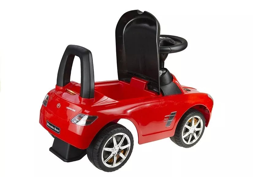 Vaikiška  paspiriama  mašinėlė Mercedes SLS AMG su atlošu ir daiktadėže, raudona