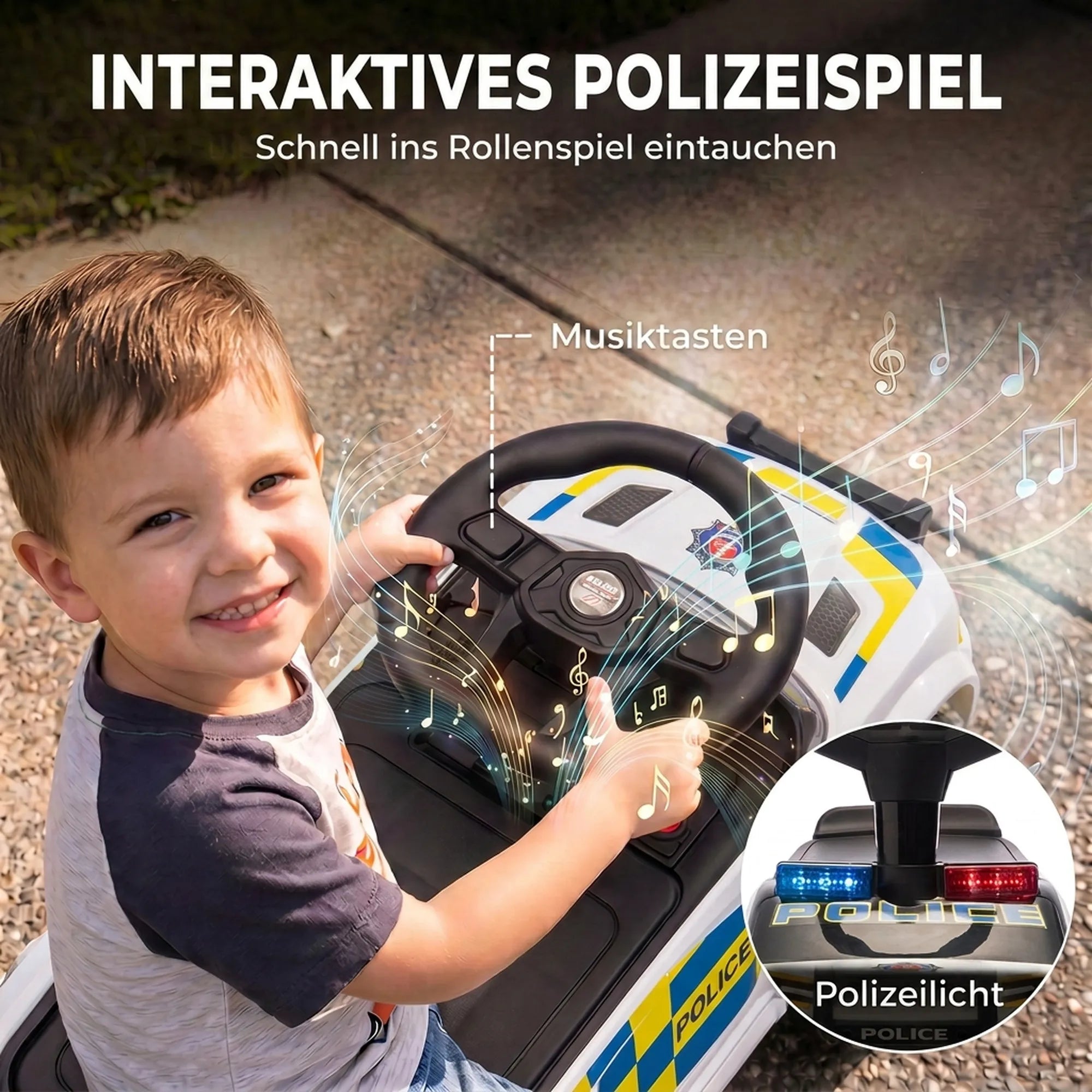 Vaikiška policijos mašinėlė su muzika, šviesomis, apsauga nuo apvirtimo ir daiktadėže po sėdyne, balta