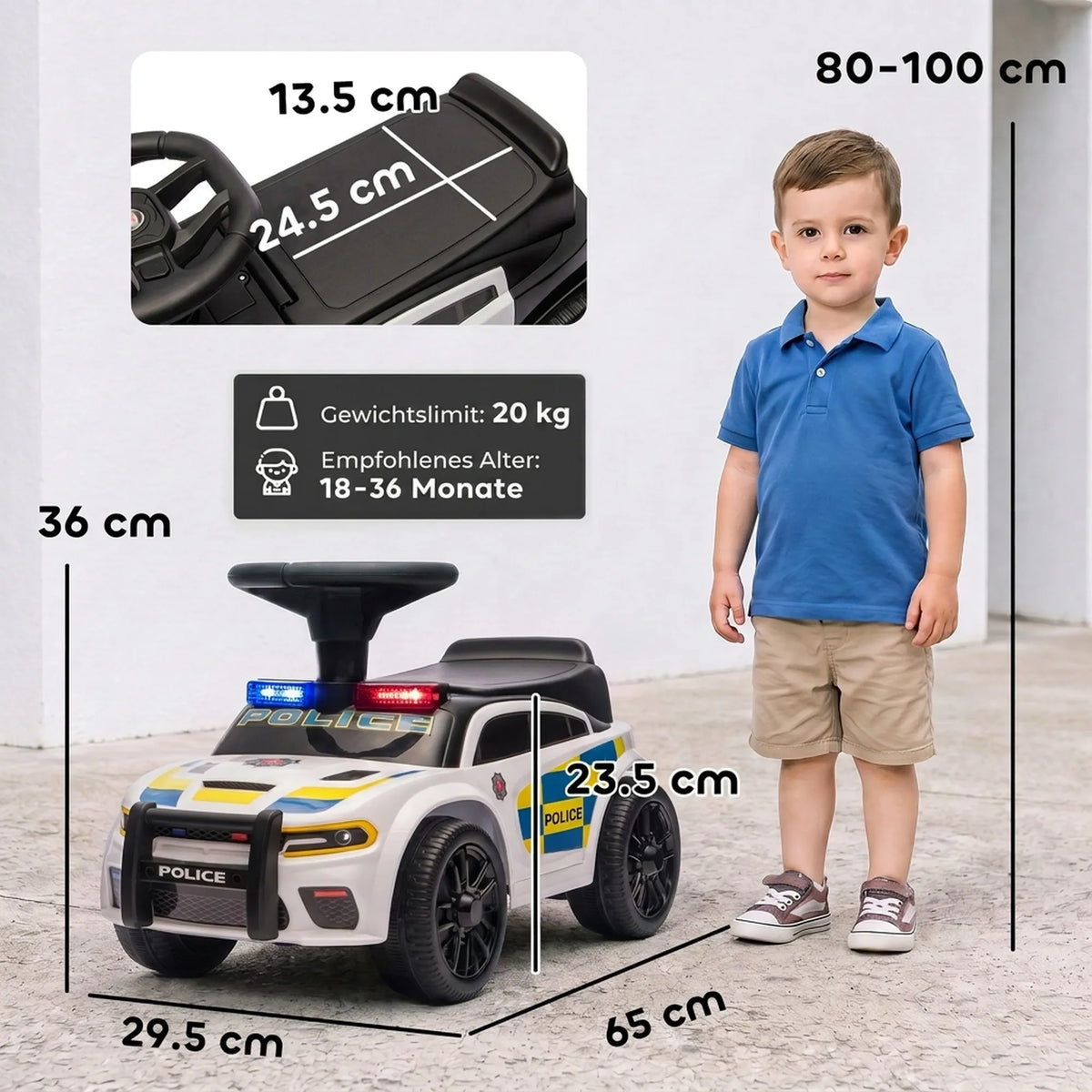 Vaikiška policijos mašinėlė su muzika, šviesomis, apsauga nuo apvirtimo ir daiktadėže po sėdyne, balta