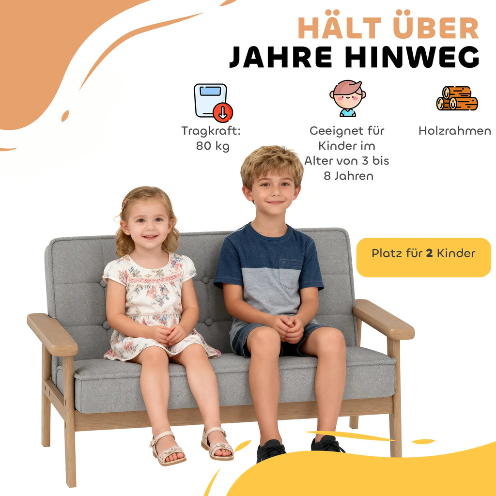 Vaikiška sofa, dvivietis fotelis 3–15 metų vaikams, pilka