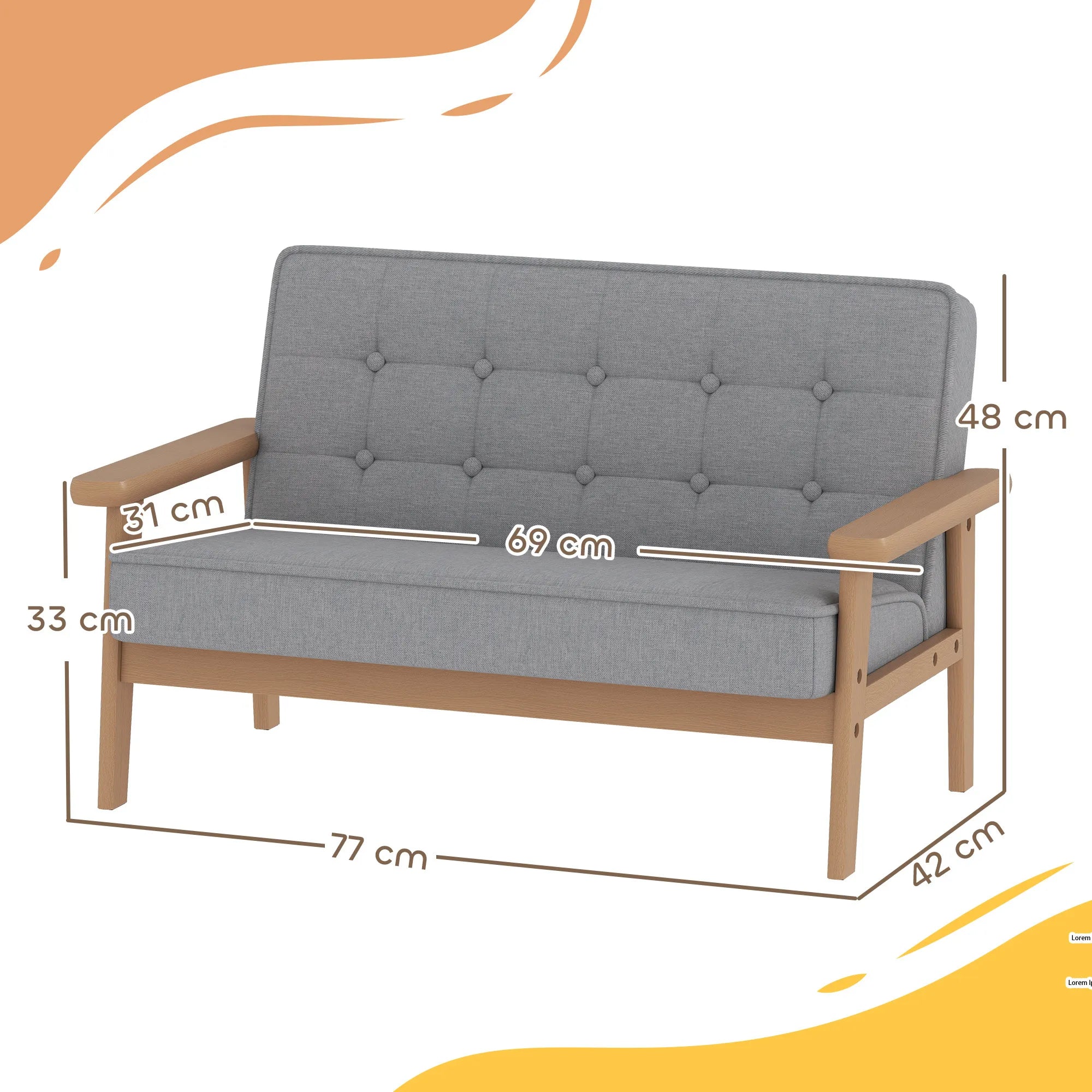 Vaikiška sofa, dvivietis fotelis 3–15 metų vaikams, pilka