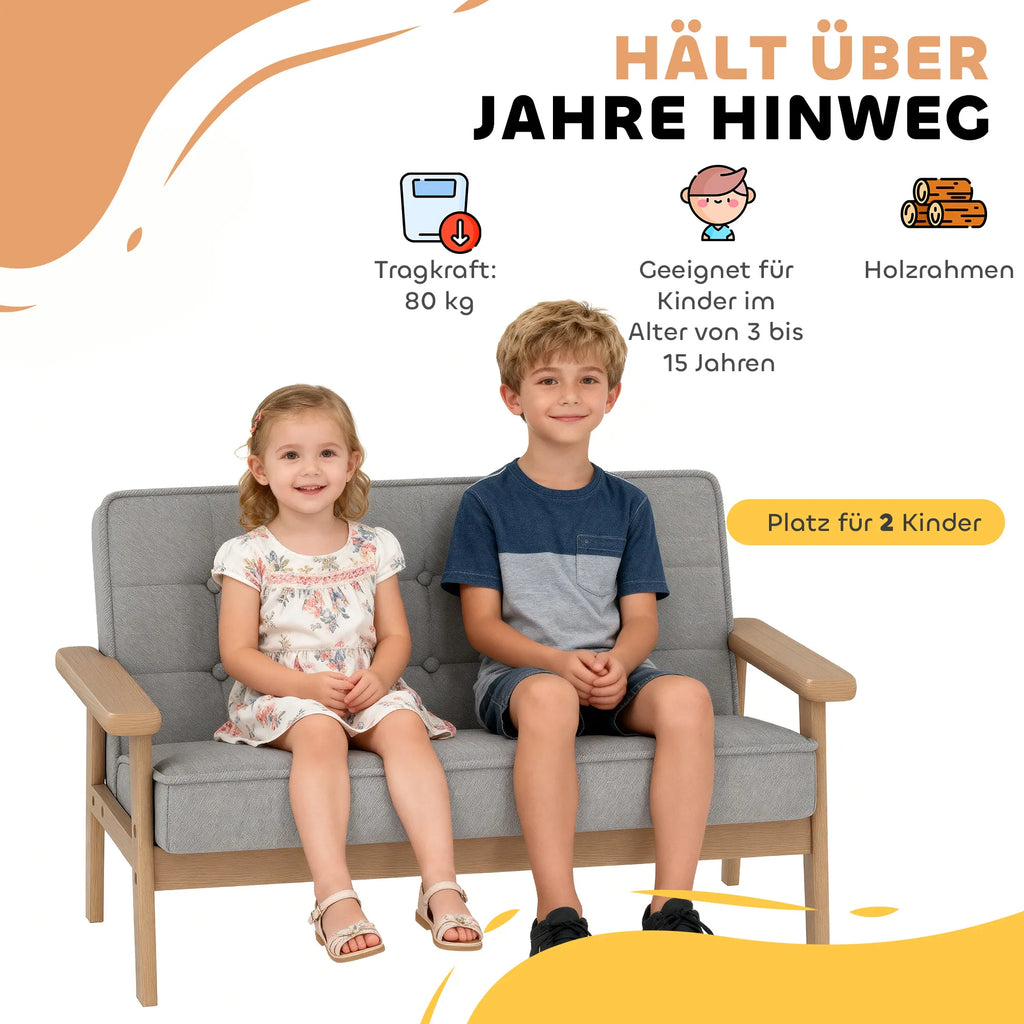 Vaikiška sofa, dvivietis fotelis 3–15 metų vaikams, pilka