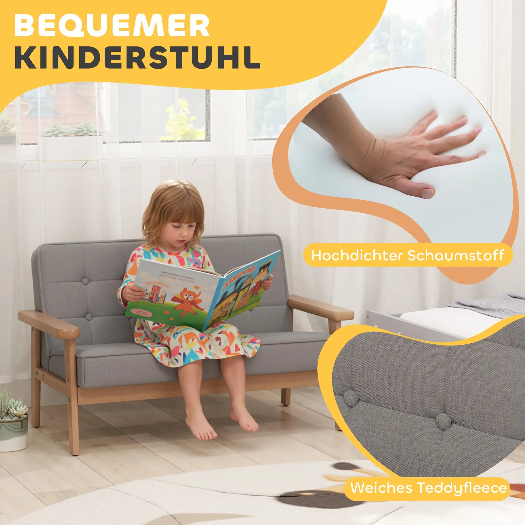 Vaikiška sofa, dvivietis fotelis 3–15 metų vaikams, pilka