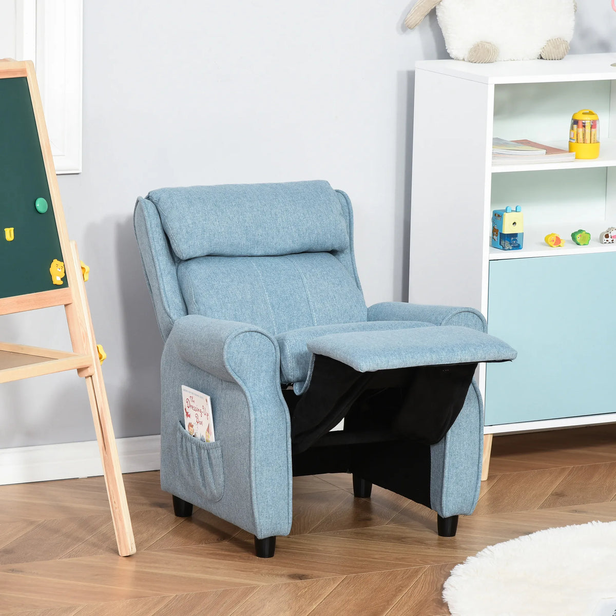 Vaikiška sofa-fotelis su atrama kojoms 3-5 metų vaikams, mėlyna