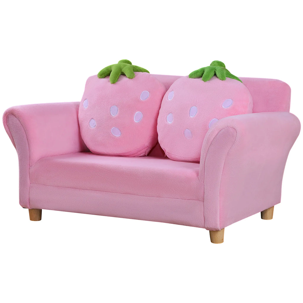 Rožinė dvivietė vaikiška sofa su dviem braškės formos pagalvėlėmis
