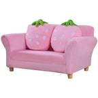 Rožinė dvivietė vaikiška sofa su dviem braškės formos pagalvėlėmis