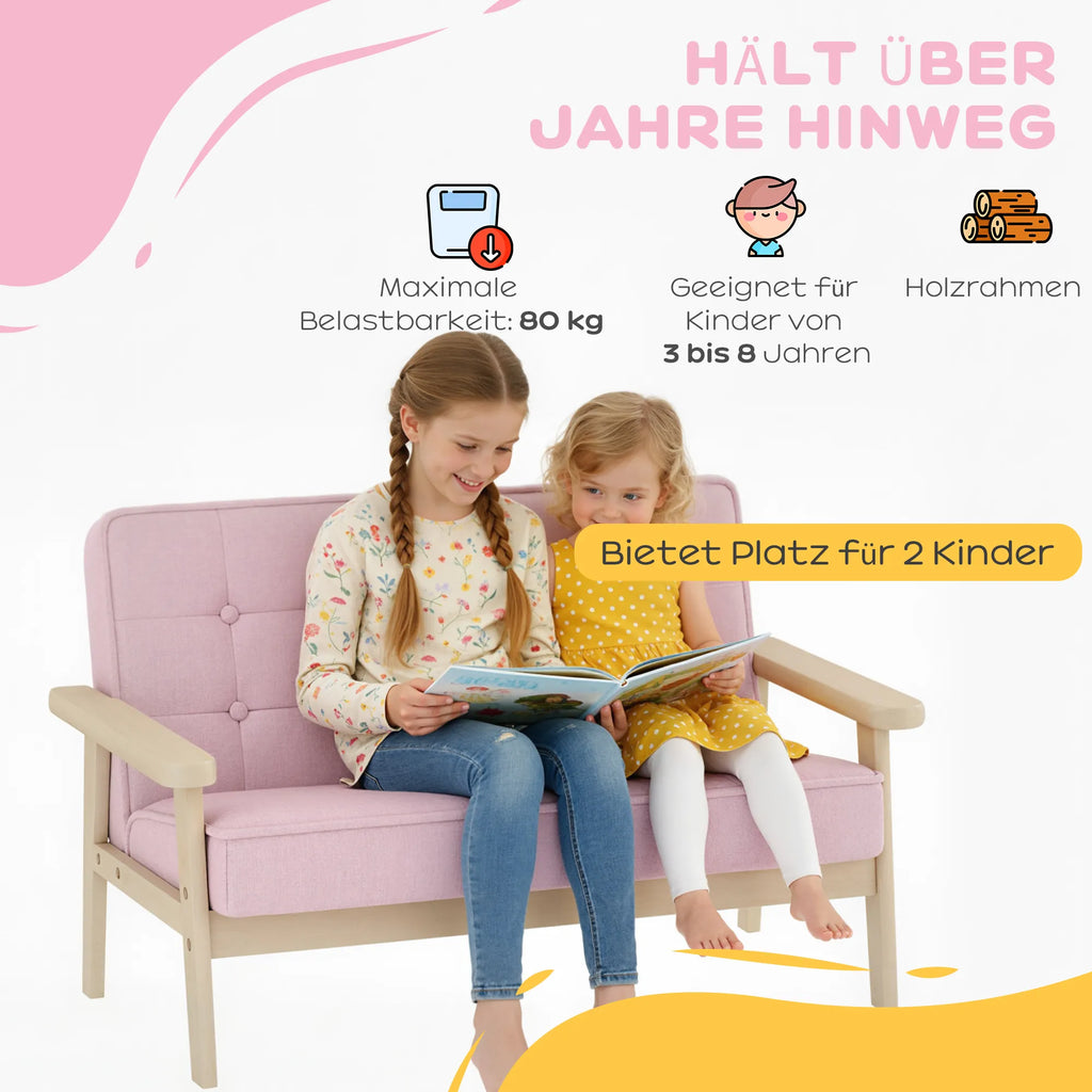 Vaikiška sofa su mediniu rėmu, 3–15 metų vaikams, rožinė