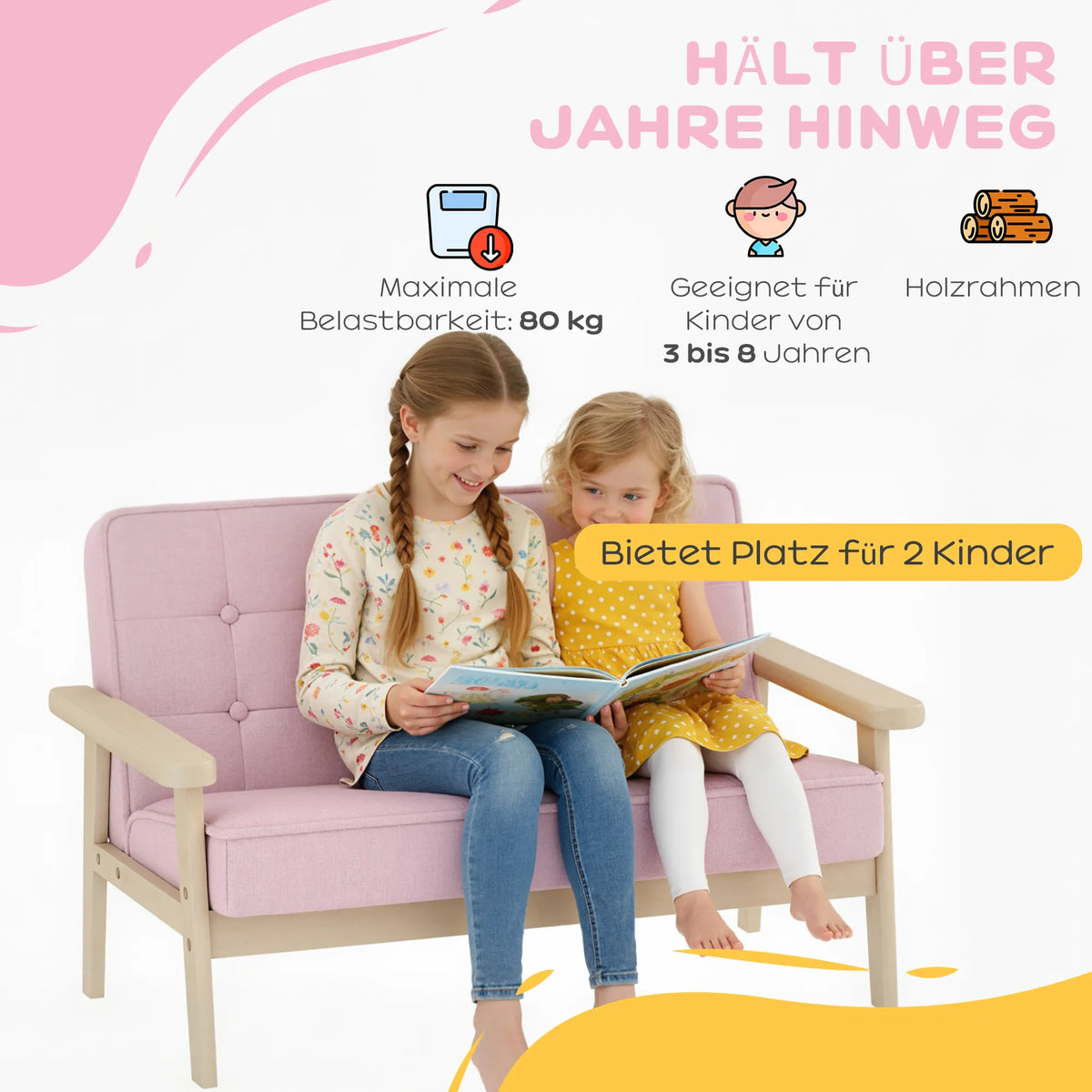 Vaikiška sofa su mediniu rėmu, 3–15 metų vaikams, rožinė