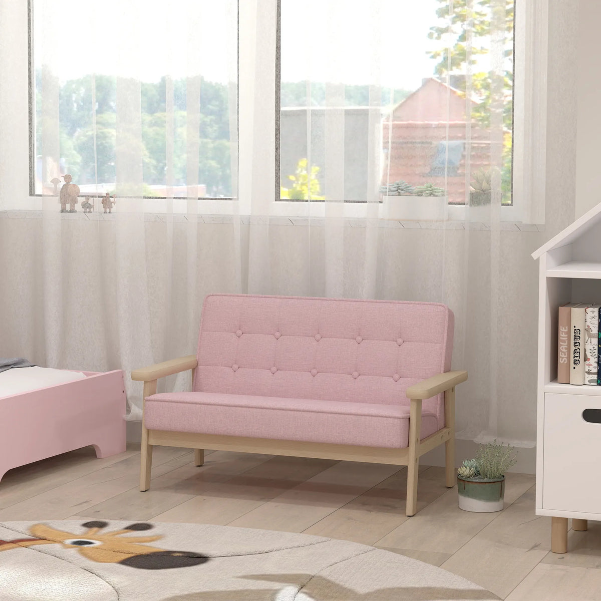 Vaikiška sofa su mediniu rėmu, 3–15 metų vaikams, rožinė