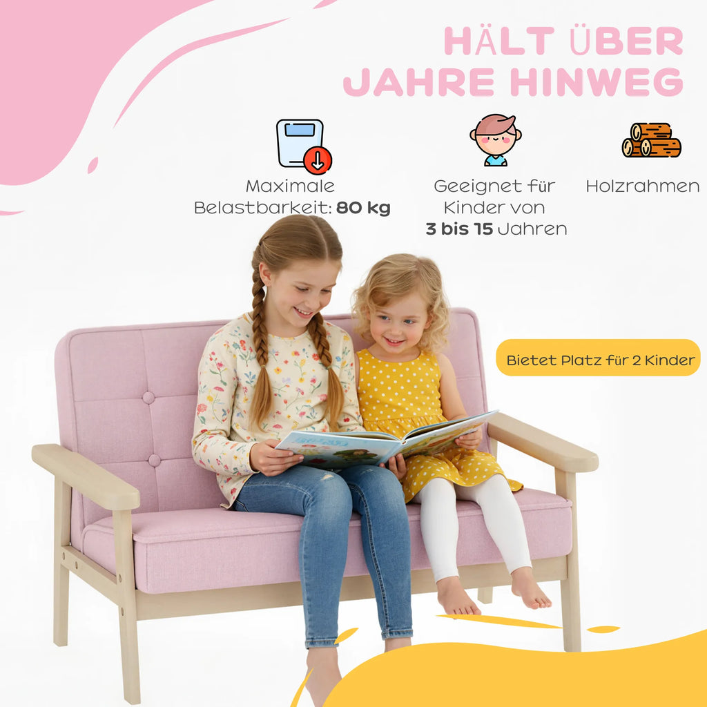 Vaikiška sofa su mediniu rėmu, 3–15 metų vaikams, rožinė